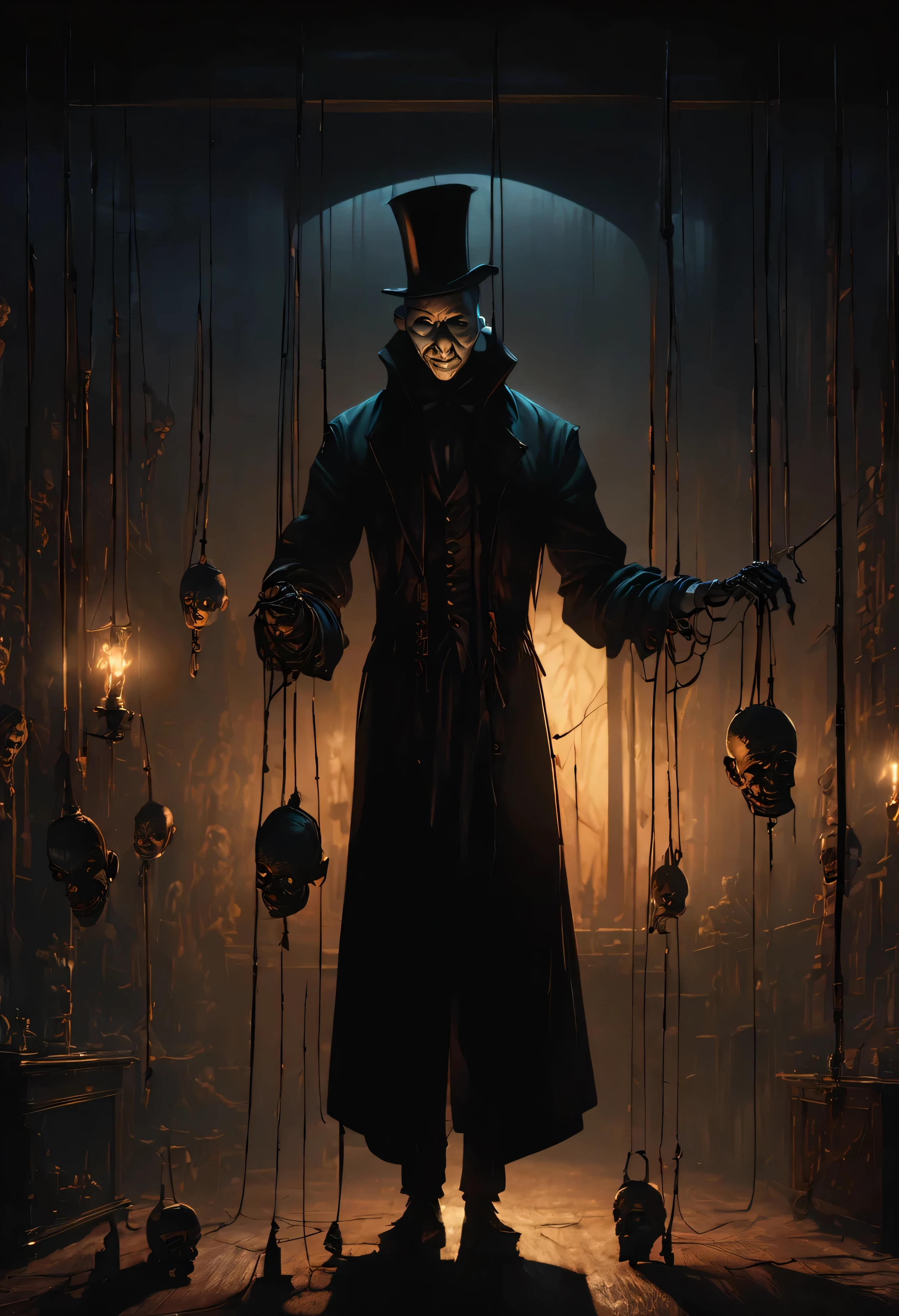 (16k masterpiece, best quality, anime illustration:1.2) marionettist, standing, dark, misty, candlelit workshop, wearing a long overcoat, top hat, white face, gaunt appearance, cadaverous, moonlight streams, huge window, backlighting, illuminating, marionettes hanging from strings, volumetric lighting, absurdres, 