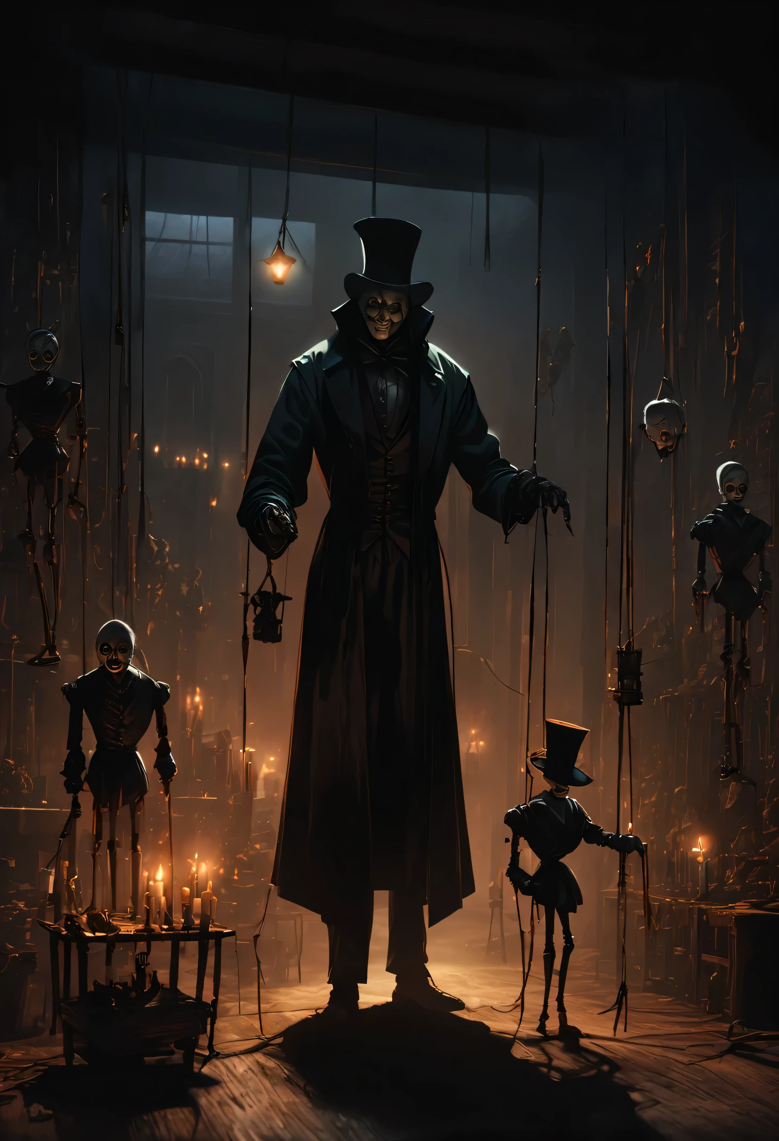 (16k masterpiece, best quality, anime illustration:1.2) marionettist, standing, dark, misty, candlelit workshop, wearing a long overcoat, top hat, white face, gaunt appearance, cadaverous, moonlight streams, huge window, backlighting, illuminating, marionettes hanging from strings, volumetric lighting, absurdres, 