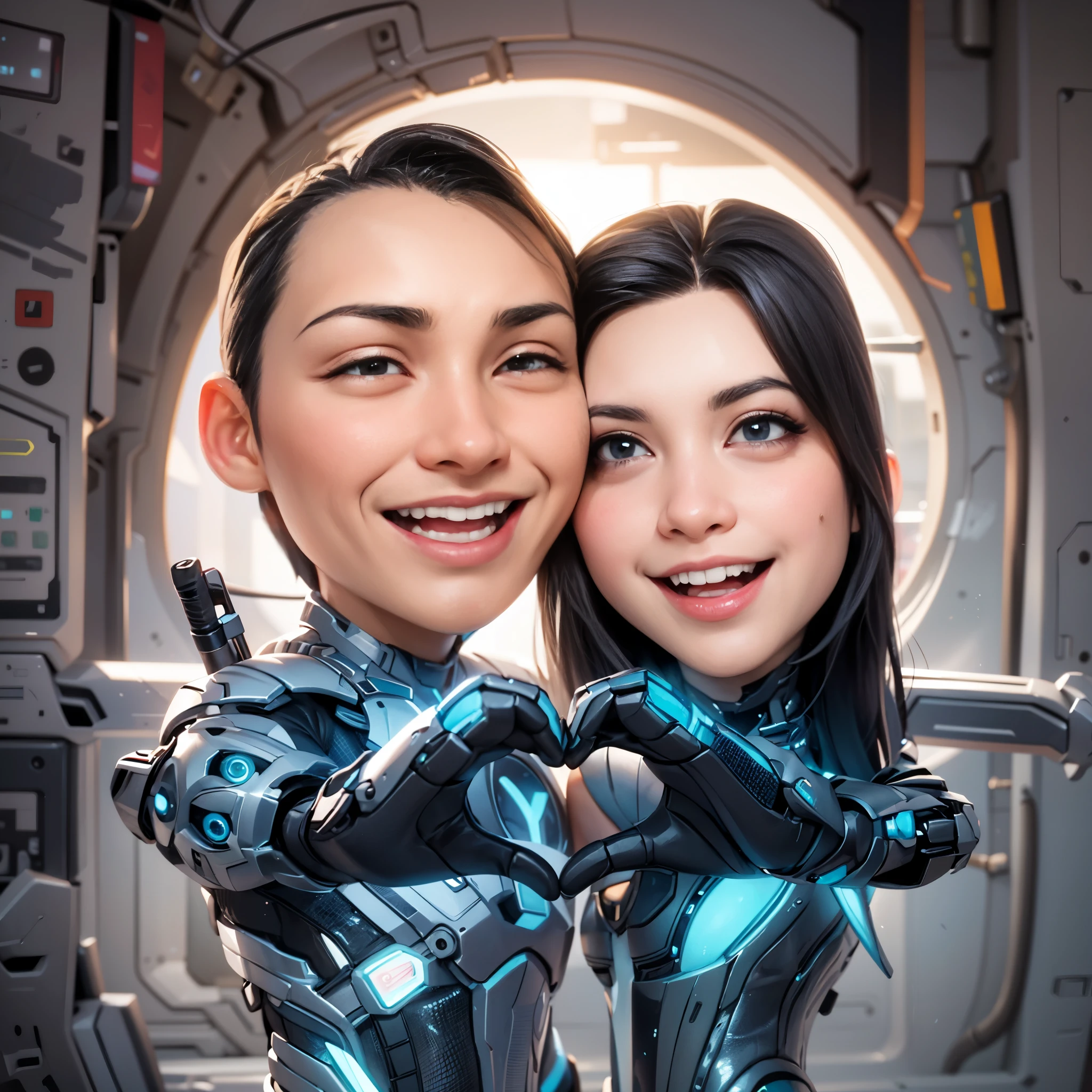 arafed couple in love with a robot caricature, wonderful, caricature illustration, cyborgs, digital art cartoon, couple, boy and girl, professional artwork, cartoon digital art, professional illustration, chibi, robot cyborgs, augmented cyborgs, cartoon artstyle, cartoon art, couples portrait, asian, couple portrait, blue cyborg, high quality portrait, tech art, cybersuits