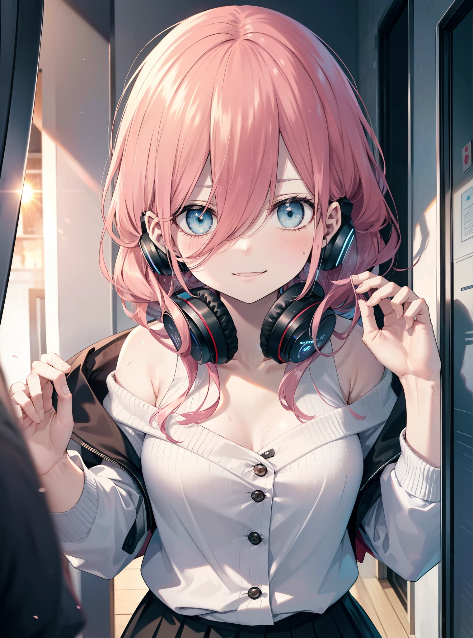 Miku Nakano, Miku Nakano chicke iii, long hair, bangs, blue eyes, brown hair, hair between eyes, headphones, headphones around neck,smile,blush,happy atmosphere,off shoulder sweater,naked neck,bare clavicle,bare shoulders,long skirt,morning,morning日,the sun is rising,greeting,
break indoors, apartment entrance,
break looking at viewer, (cowboy shot:1.5), (Upper body:1.5),
break (masterpiece:1.2), highest quality, High resolution, unity 8k wallpaper, (figure:0.8), (detailed and beautiful eyes:1.6), highly detailed face, perfect lighting, Very detailed CG, (perfect hands, perfect anatomy),