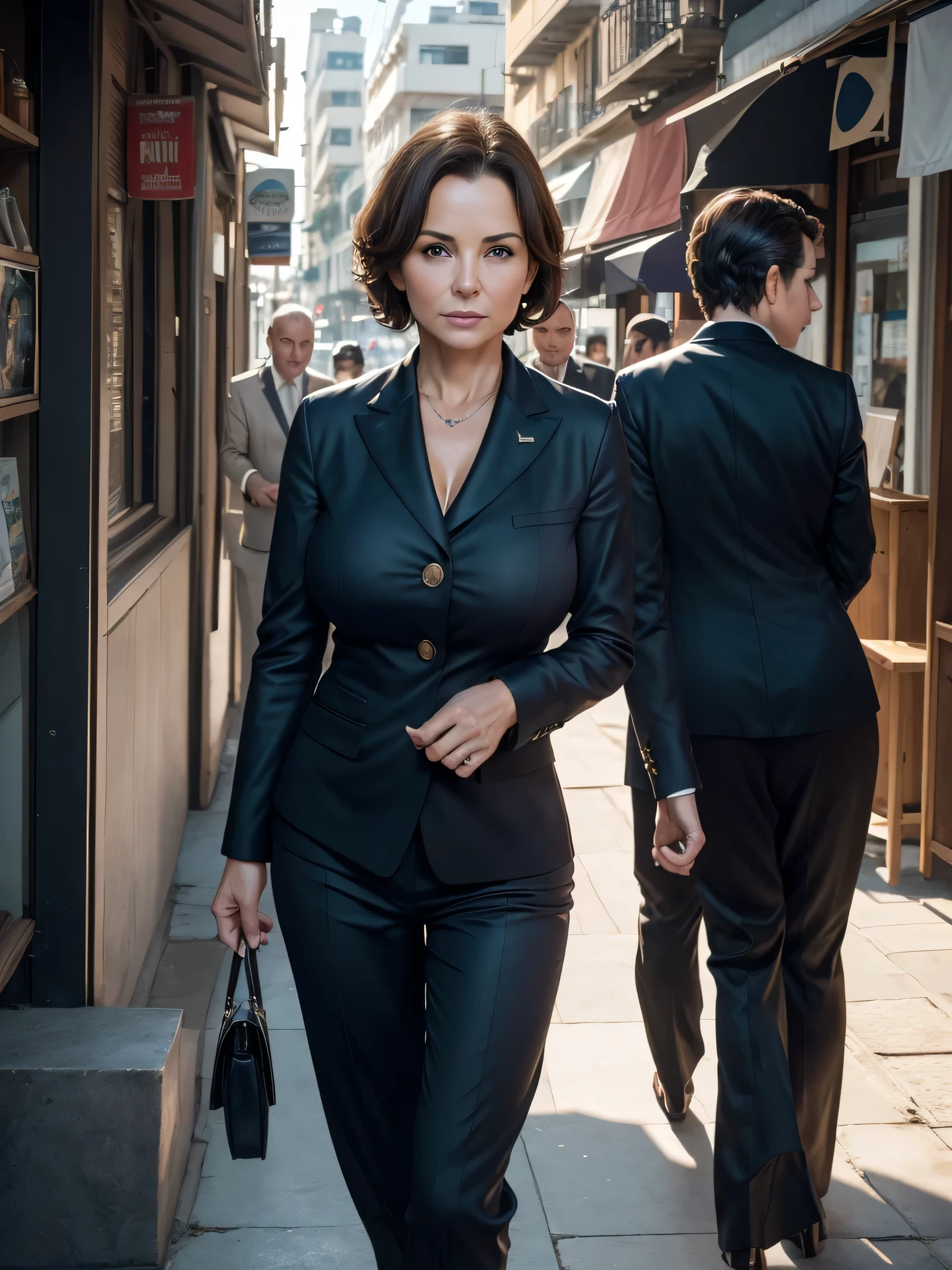 45 ans,(Une MILF:1.2), un regard captivant, yeux verts, (Beaucoup de rides sur son visage:1.4), Sosie de la vieille femme Carla Gugino, Detailed wrinkles (8K, high resolution, Ultra-quality, A quality of'image ultra élevée, ultrarealistic, best quality:1.2) (gros seins en bonnet D:1.1), (Vieille Femme en Colombie), eyes visible through the hair, avec des cheveux poivre et sel, bobbed hair, Bonne position des yeux, cinematic light, Soft light, lombes, jour, detailed color background, Convoluted, Very detailed, 8K, Overall Silhouette, blazer corporatif bleu marine, marcher dans les rues, En regardant directement la caméra