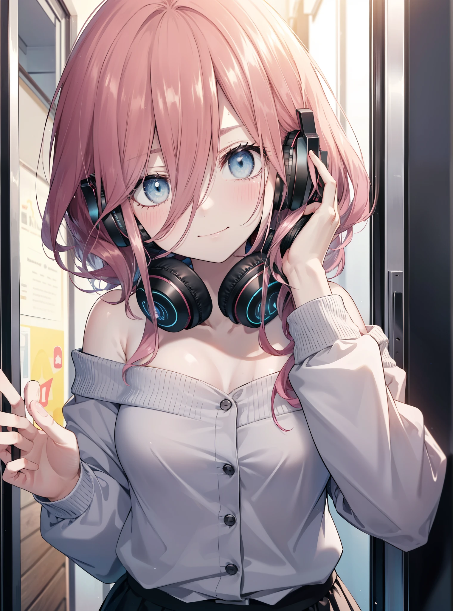 Miku Nakano, Miku Nakano chicke iii, long hair, bangs, blue eyes, brown hair, hair between eyes, headphones, headphones around neck,smile,blush,happy atmosphere,off shoulder sweater,naked neck,bare clavicle,bare shoulders,long skirt,morning,morning日,the sun is rising,greeting,
break indoors, apartment entrance,
break looking at viewer, (cowboy shot:1.5), (Upper body:1.5),
break (masterpiece:1.2), highest quality, High resolution, unity 8k wallpaper, (figure:0.8), (detailed and beautiful eyes:1.6), highly detailed face, perfect lighting, Very detailed CG, (perfect hands, perfect anatomy),