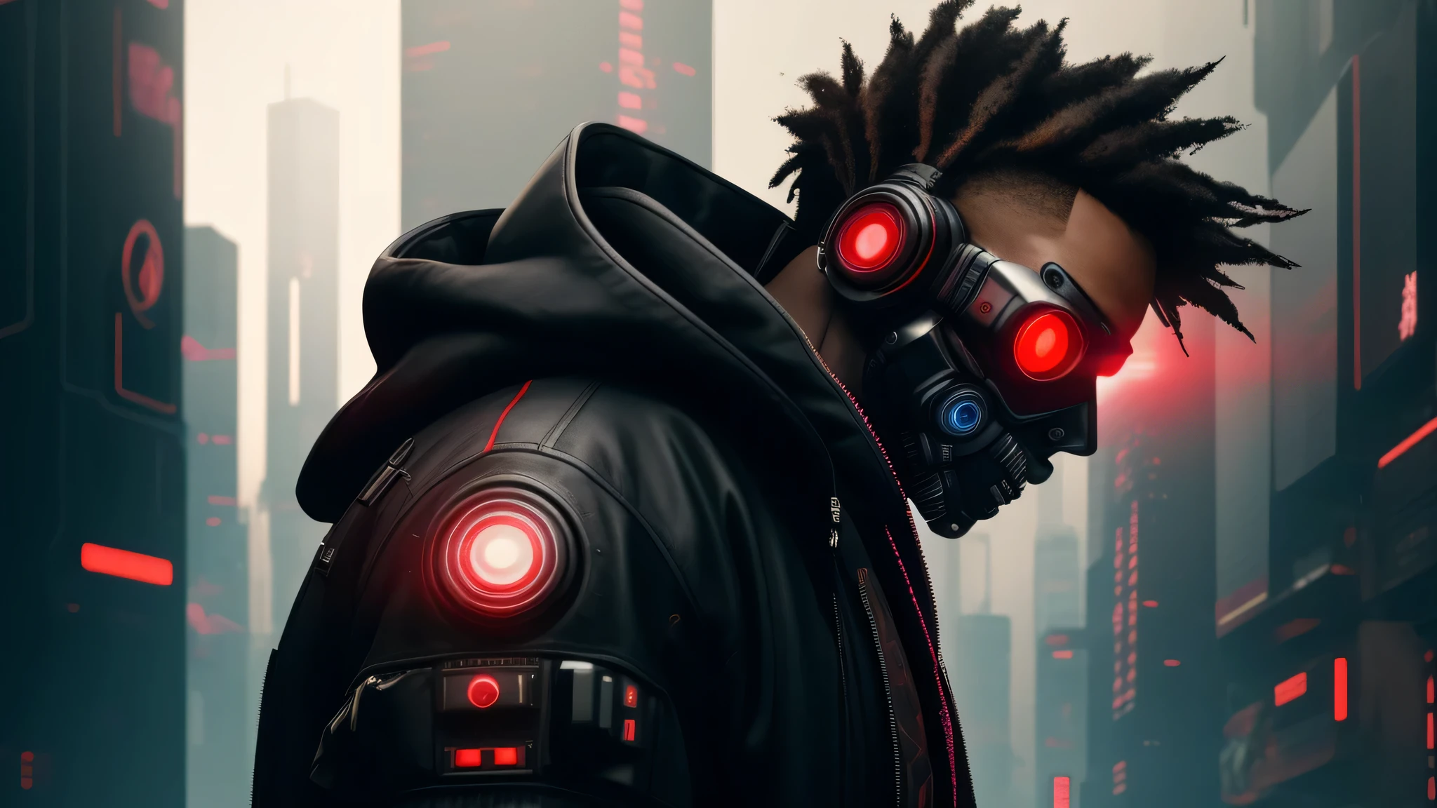A masterpiece up close, looking at a Canon 8k HD studio camera (((Cyberpunk Man))) half black, Half red, out of smoke, using the hood, ultra details, perfect lighting, William Blake style, view from the back, wallpaper