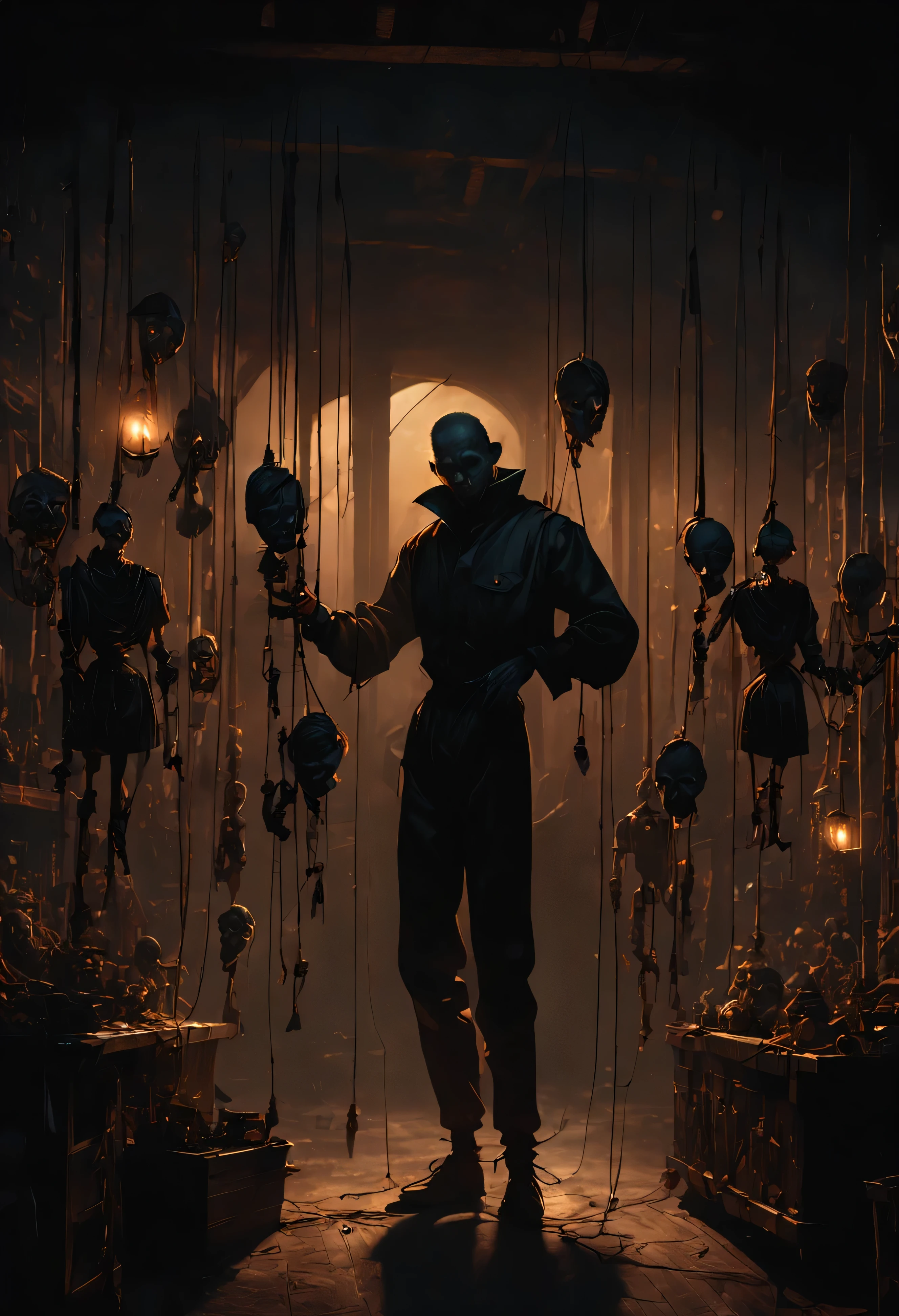 (16k masterpiece, best quality, anime illustration:1.2) marionettist, standing in a dark misty candlelit workshop, he is wearing a bloodied boiler suit, his face is white and gaunt, cadaverous, moonlight streams in from a huge window backlighting him and illuminating the marionettes hanging from strings, some are just bodies, some are just heads, body parts fill the shelves, volumetric lighting, absurdres, 