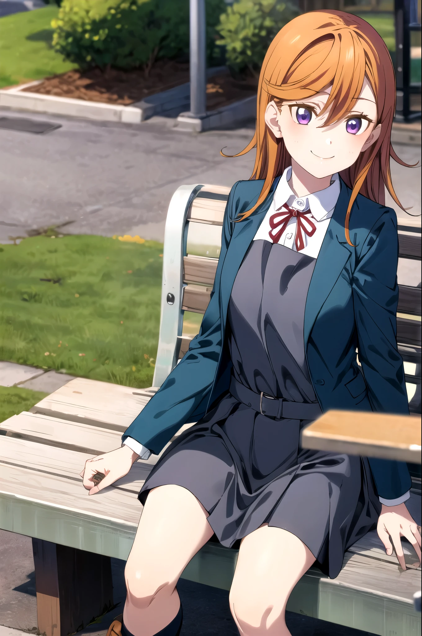 A girl,blue_jacket, jacket, open_clothes, open_jacket, school_uniform, shirt, yuigaoka_school_uniform, dress, grey_dress, long_sleeves, looking_at_viewer, collared_shirt, pinafore_dress, upper_body, white_shirt, loafers shoes,purple eye,hair orange,sitting on a bench,smile good