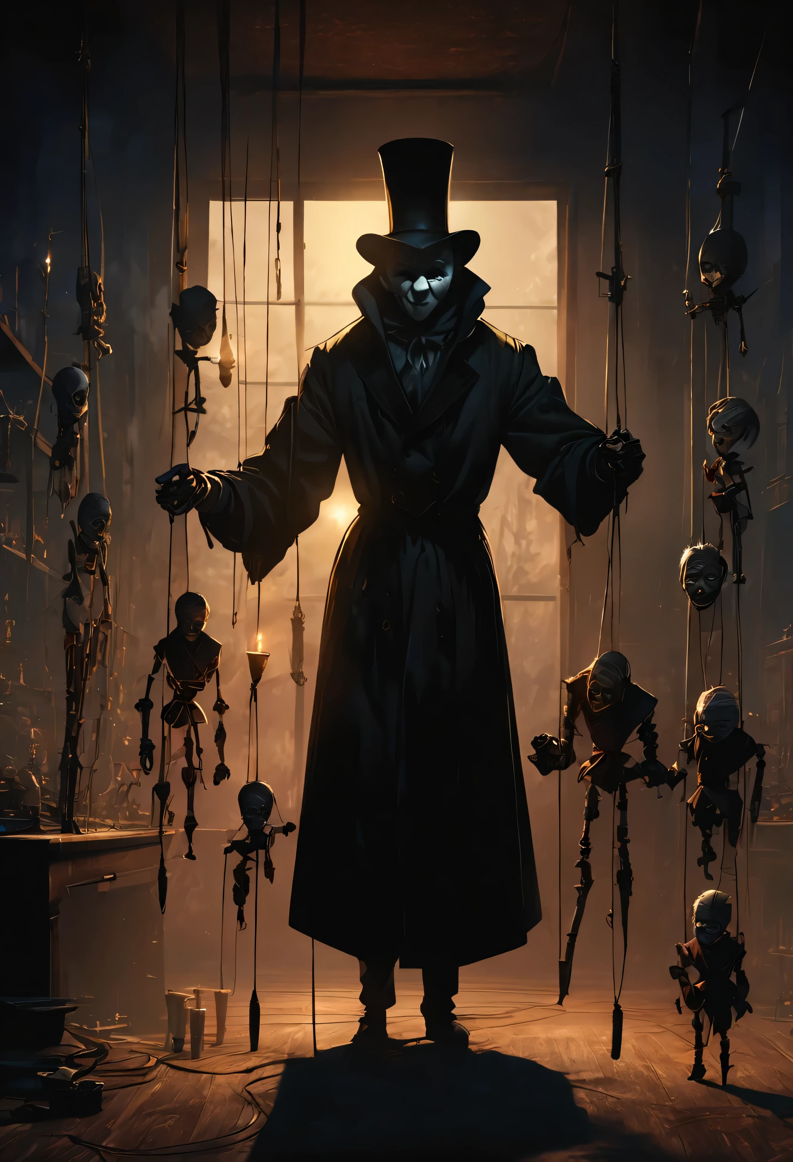 (16k masterpiece, best quality, anime illustration:1.2), junji ito style, marionettist, standing, dark, misty, candlelit workshop, controlling marionette on string, wearing a long overcoat, top hat, white face, gaunt appearance, cadaverous, moonlight streams, huge window, backlighting, illuminating, volumetric lighting, absurdres, 