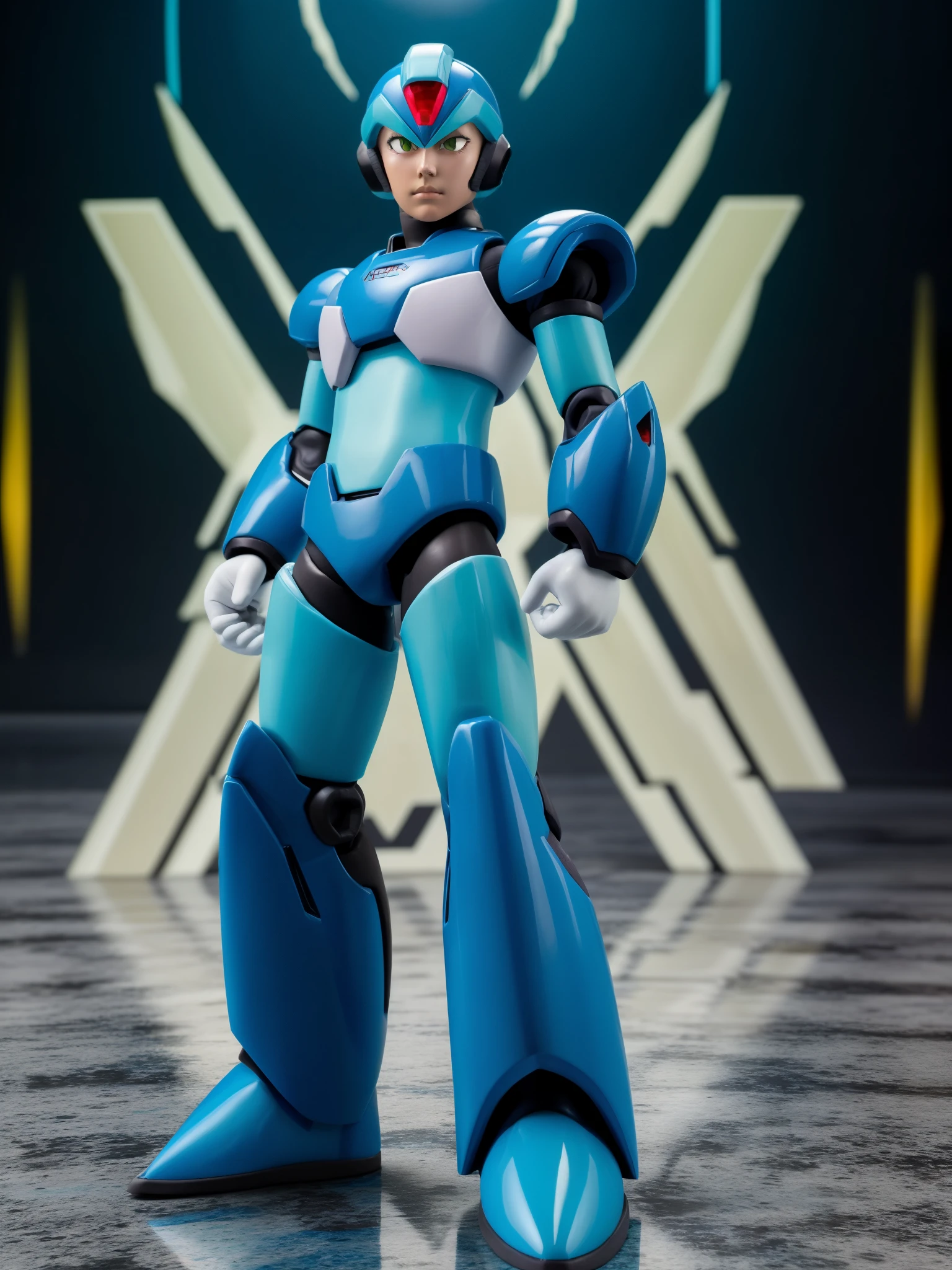 Melhor qualidade,man, full body, stand pose, obra de arte, high resolution, detalhado, realista, cosplay, .35mm, 1 homem, android, XRockman, capacete azul, olhos verdes, Cristal Vermelho, armadura azul, cyber lab background