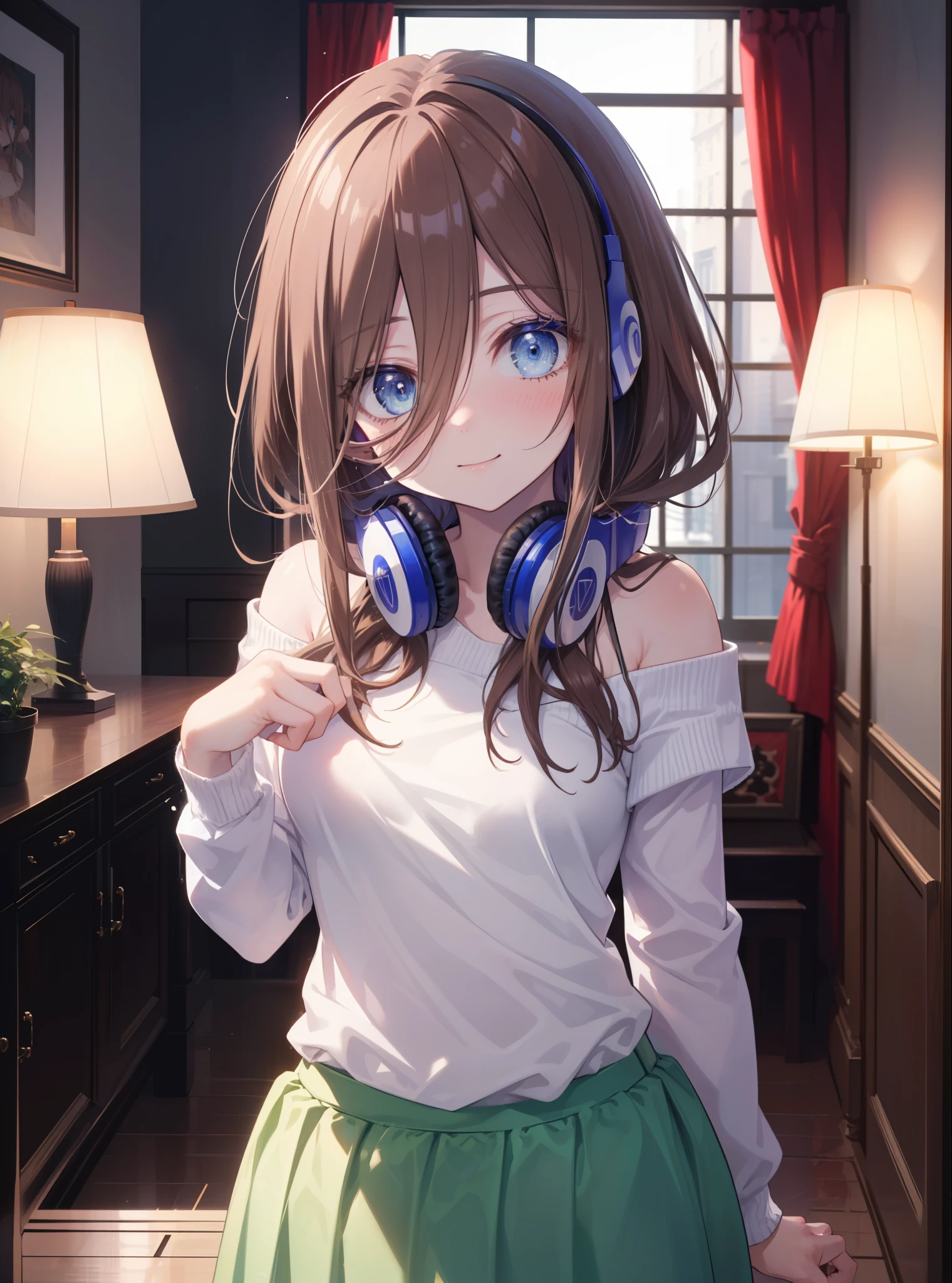 Miku Nakano, Miku Nakano chicke iii, long hair, bangs, blue eyes, brown hair, hair between eyes, headphones 1:2 around neck,smile,blush,happy atmosphere,off shoulder sweater,naked neck,bare clavicle,bare shoulders,long skirt,morning,morning日,the sun is rising,greeting,
break indoors, apartment entrance,
break looking at viewer, (cowboy shot:1.5), (Upper body:1.5),
break (masterpiece:1.2), highest quality, High resolution, unity 8k wallpaper, (figure:0.8), (detailed and beautiful eyes:1.6), highly detailed face, perfect lighting, Very detailed CG, (perfect hands, perfect anatomy),