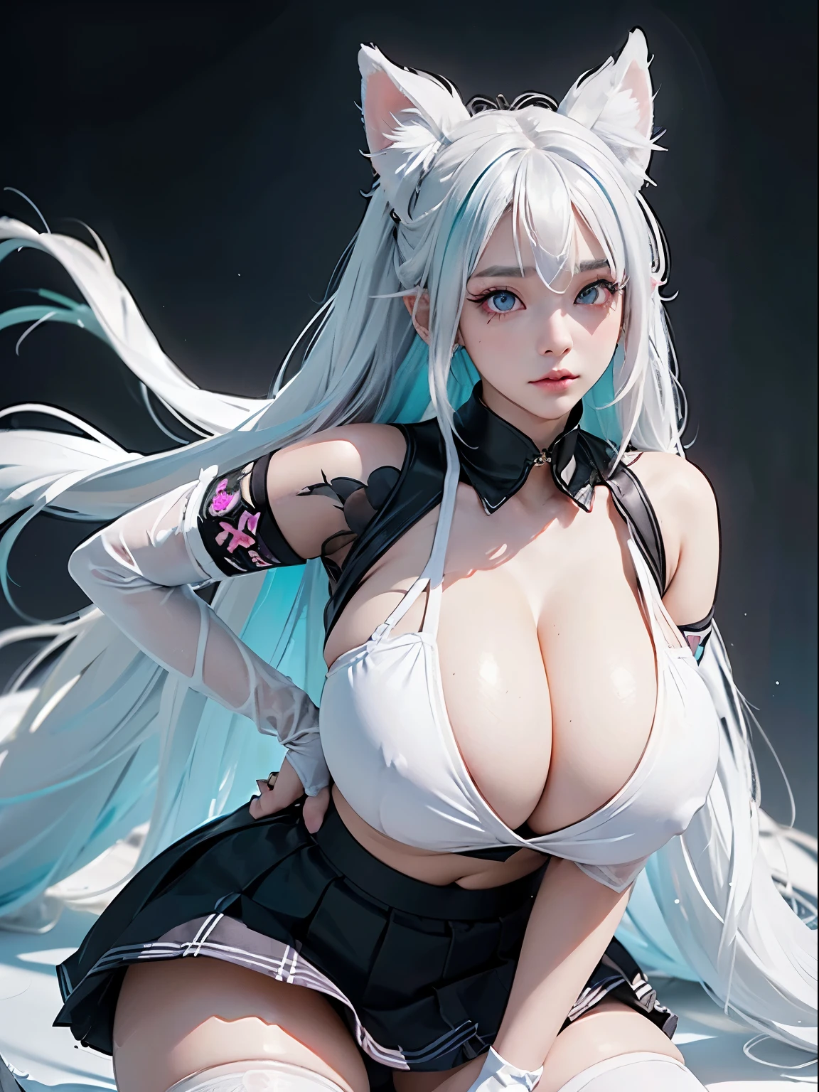 2 girls, neon platinum white hair, vibrant eyes, fox ear, tattoo sleeves and piercings ((Anime style, accentuated super huge enormously gigantic tits, cleavage showing, sexy seductive slutty pose)), school girl uniform school girl skirt and white thigh high socks, soft colors, neon paint splattered background, Soft stroke