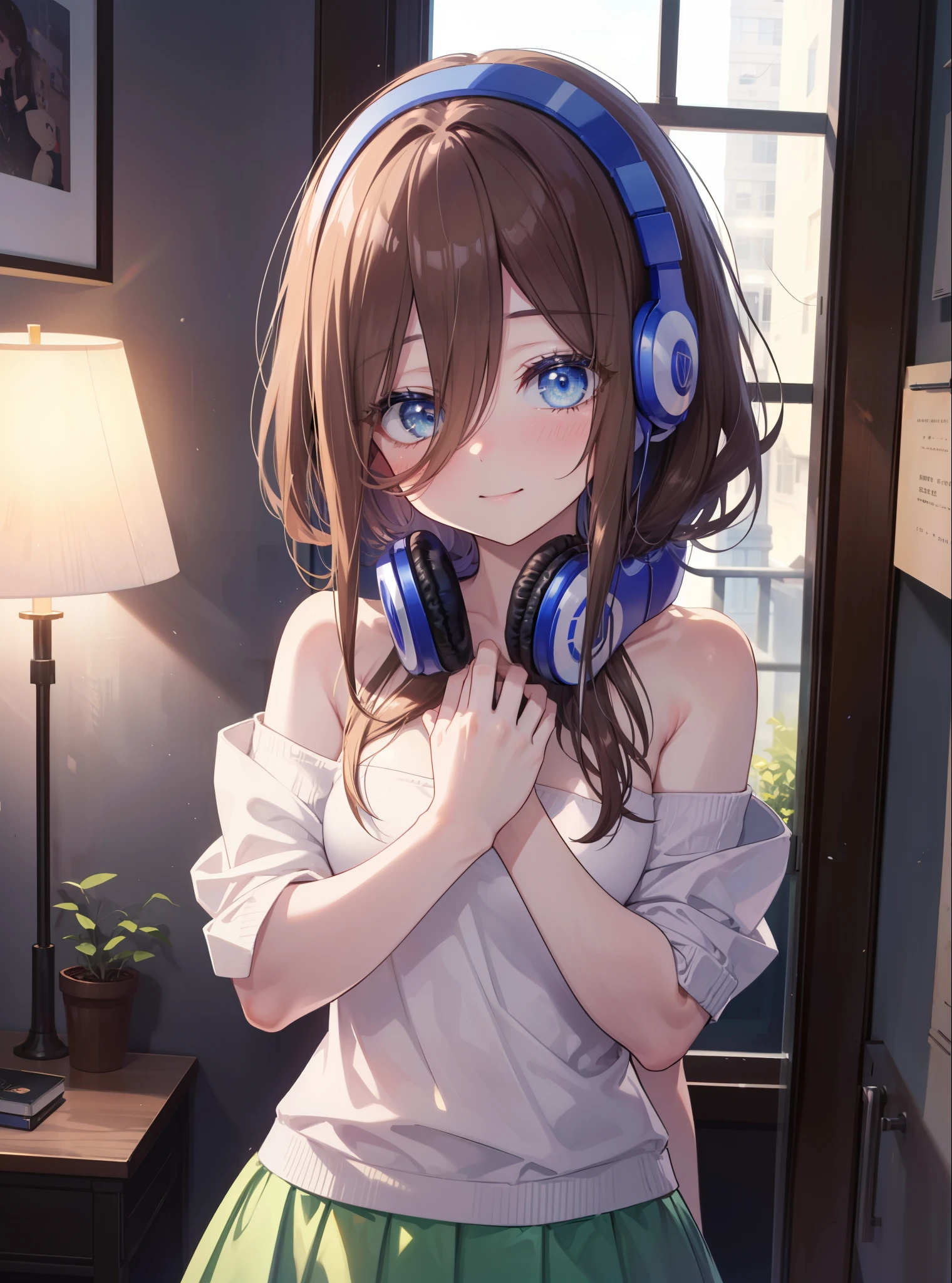 Miku Nakano, Miku Nakano chicke iii, long hair, bangs, blue eyes, brown hair, hair between eyes, headphones 1:2 around neck,smile,blush,happy atmosphere,off shoulder sweater,naked neck,bare clavicle,bare shoulders,long skirt,morning,morning日,the sun is rising,greeting,
break indoors, apartment entrance,
break looking at viewer, (cowboy shot:1.5), (Upper body:1.5),
break (masterpiece:1.2), highest quality, High resolution, unity 8k wallpaper, (figure:0.8), (detailed and beautiful eyes:1.6), highly detailed face, perfect lighting, Very detailed CG, (perfect hands, perfect anatomy),