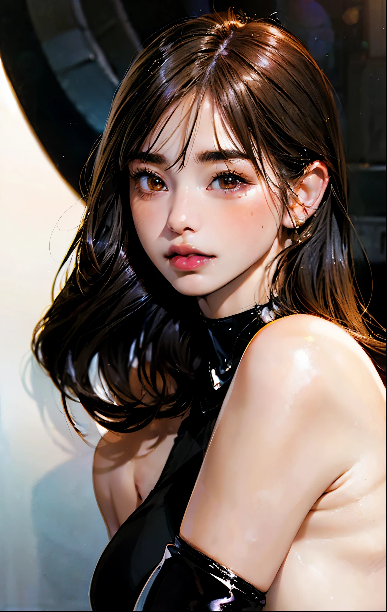 PM, (Purple Latex Suit:1), Golden Fringe Shorthair, Light brown eyes, (Japanese girl),1girl in, 27yr old, Innocence, (Photorealsitic),(top-quality:1.4), (超A high resolution:1.2), 超A high resolution, (A detailed eye), (detailed facial features), nfsw, 8k resolution, (lensflare:0.7),Colossal tits,(bushy eyebrows),straight eyebrows,low eyebrows,(thick lips:1.3),(glossy lips:1.3),(lipstick,white lips:1.2),(blush),black hair,(brown eyes), wide forhead,nude,