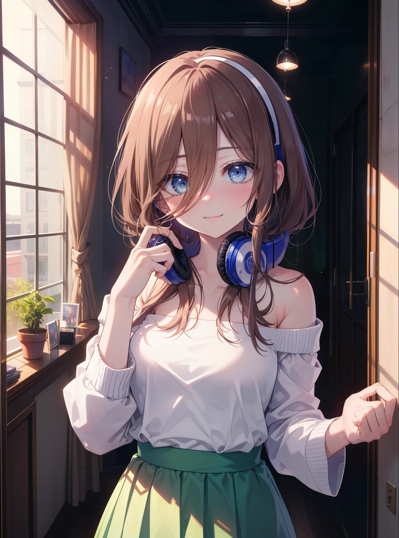 Miku Nakano, Miku Nakano chicke iii, long hair, bangs, blue eyes, brown hair, hair between eyes, headphones 1:2 around neck,smile,blush,happy atmosphere,off shoulder sweater,naked neck,bare clavicle,bare shoulders,long skirt,morning,morning日,the sun is rising,greeting,
break indoors, apartment entrance,
break looking at viewer, (cowboy shot:1.5), (Upper body:1.5),
break (masterpiece:1.2), highest quality, High resolution, unity 8k wallpaper, (figure:0.8), (detailed and beautiful eyes:1.6), highly detailed face, perfect lighting, Very detailed CG, (perfect hands, perfect anatomy),