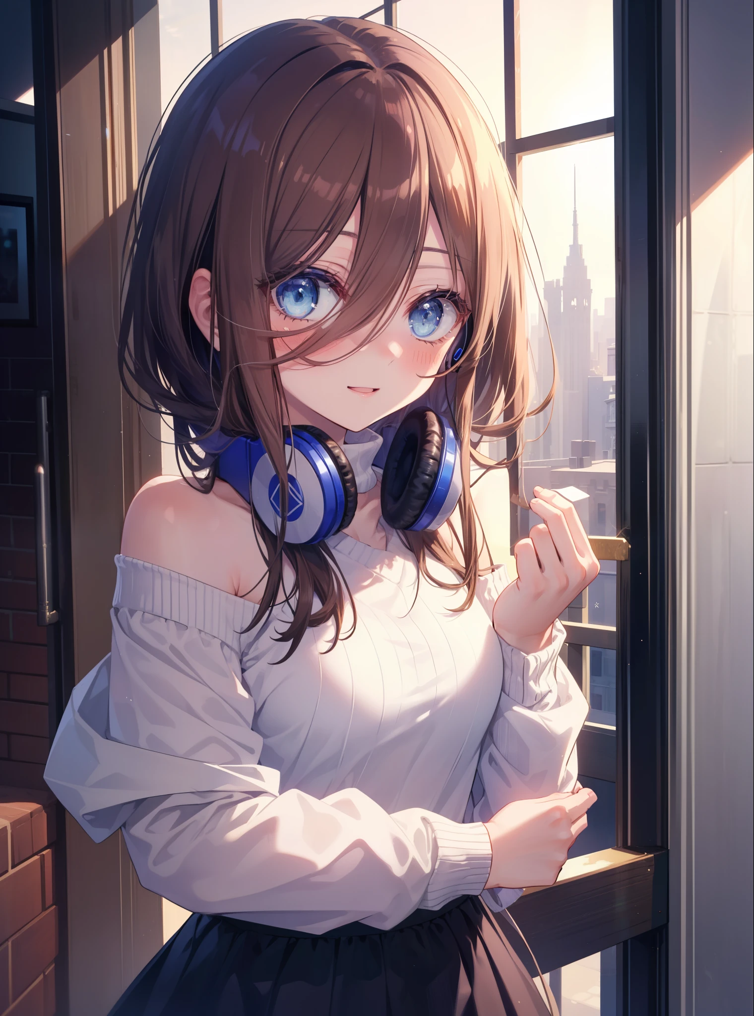 Miku Nakano, Miku Nakano chicke iii, long hair, bangs, blue eyes, brown hair, hair between eyes,open your mouth, headphones 1:2 around neck,smile,blush,happy atmosphere,off shoulder sweater,naked neck,bare clavicle,bare shoulders,long skirt,morning,morning日,the sun is rising,greeting,
break indoors, apartment entrance,
break looking at viewer, (cowboy shot:1.5), (Upper body:1.5),
break (masterpiece:1.2), highest quality, High resolution, unity 8k wallpaper, (figure:0.8), (detailed and beautiful eyes:1.6), highly detailed face, perfect lighting, Very detailed CG, (perfect hands, perfect anatomy),