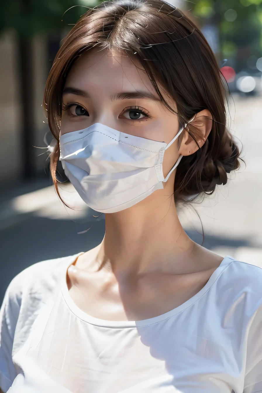 highest quality、8K、masterpiece:1.3))、sharp focus:1.2、beautiful woman with perfect style:1.4、Please wear a white mask((dark brown hair、huge tit:1.2))、(white t-shirt:1.1)、street:1.2、Highly detailed face and skin texture、detailed eye、double eyelid