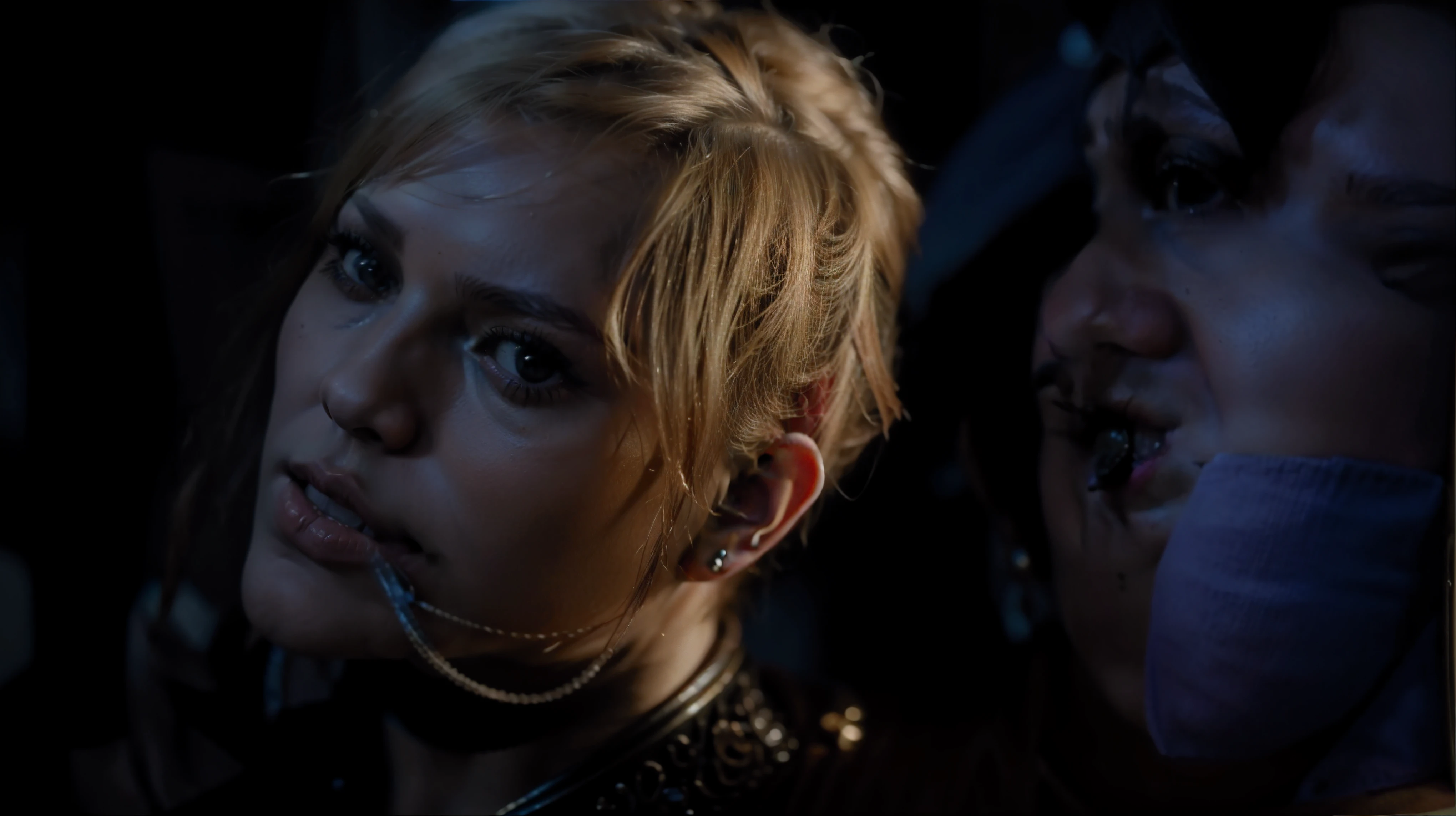 um close de uma pessoa com um piercing no nariz, captura de tela do filme, captura de pano vhs, cena do filme live-action, screenshot of youtube video, captura de tela de um filme, ainda de um filme live-action, close da cena do filme, olhar penetrante, ainda de um videoclipe, captura de tela do filme, Menacing look, Clipe de filme, ainda filmado do filme