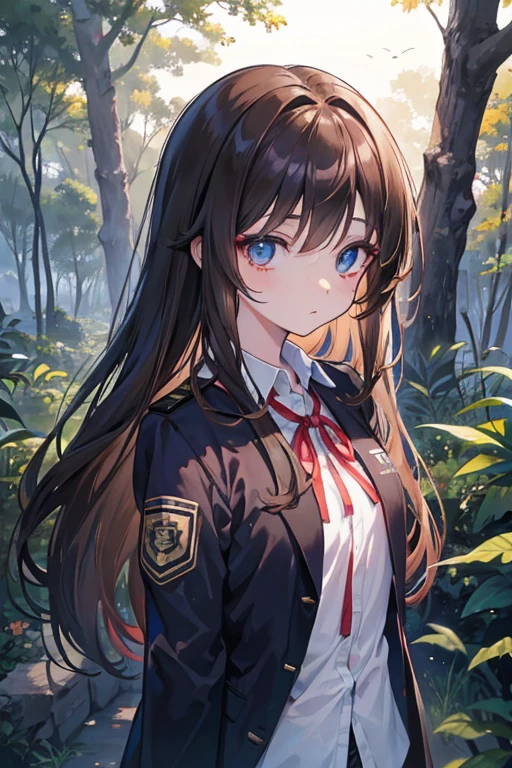 ilustracion anime de una chica zombi,ojos azules,long brown hair, usando un uniforme escolar negro desgastado y roto,con costuras  en manos en cuello, sentada en medio del bosque,de noche