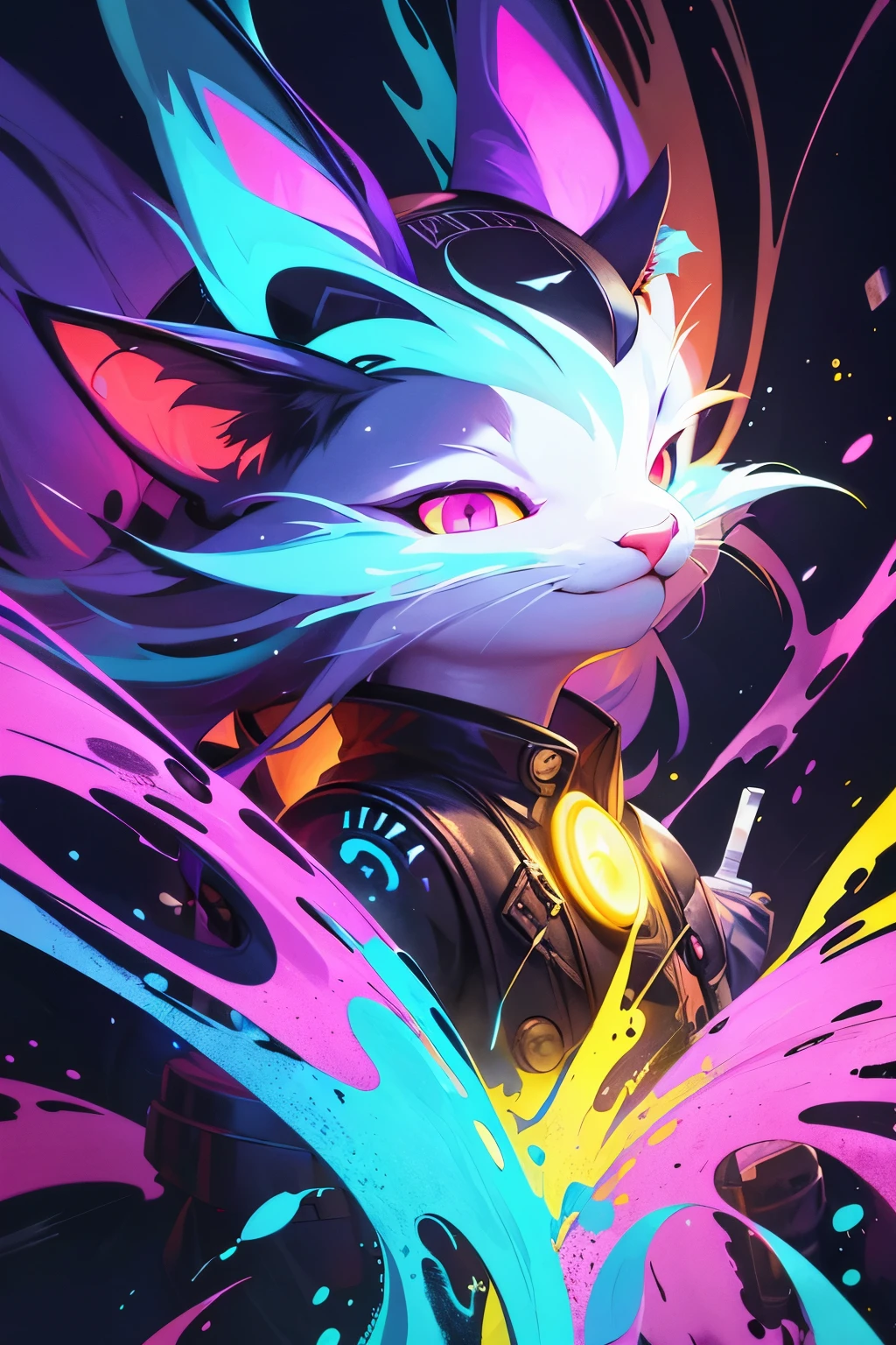 amazing watercolor painting award winning, ((masterpiece)), ((best quality)), ((detailed)), Unparalleled, ((Enchanting)), ((Impressive)), a white cat with hat play on top of a reflective surface, cyberpunk art, inspired by Dan Mumford, furry art, details and vivid colors, electric wallpaper, beeple and jeremiah ketner, multicolored vector art, intricate, in a painting of a cat, full res psychedelic therapy, trending on ArtStation, ink splatters, pen lines, incredible detail, creative, positive energy, happy, unique, negative space, pure imagination painted by artgerm ,Surreal Harmony, SLPASHTER_3-7000, Gorgeous splash of vibrant paint, colorful paint, Colorsplash, red