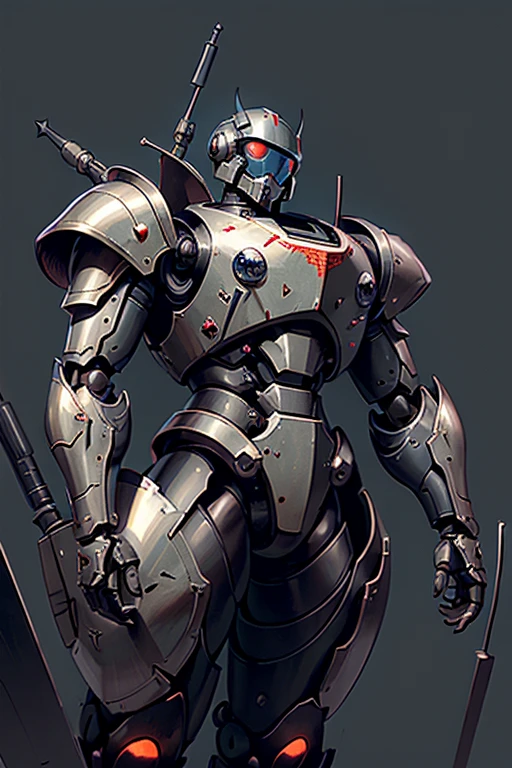 machine, automaton, military, heavy armor, one eye, monocular eye, one circular eye, robot, heavily armor, helmet, soldier, communist, solo, simple background, humanoid, Russian, tank, heavy gun, soviet, robot
