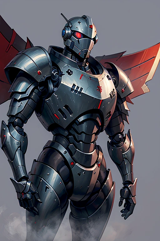 machine, automaton, military, heavy armor, one eye, monocular eye, one circular eye, robot, heavily armor, helmet, soldier, communist, solo, simple background, humanoid, Russian, tank, heavy gun, soviet, robot
