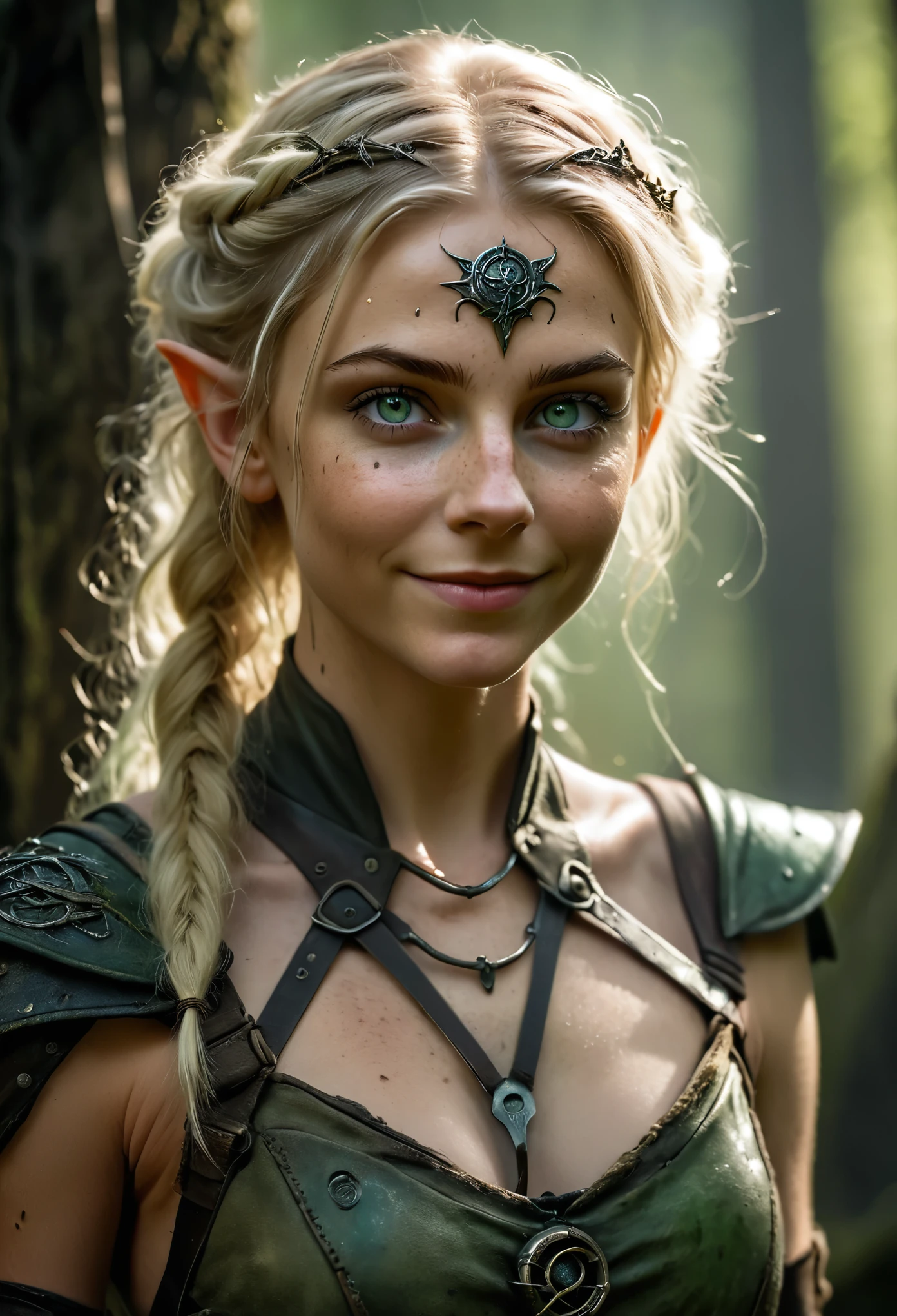 photo shot on Nikon D850, 16k, sharp focus, masterpiece, Hyper Detailed, breathtaking, atmospheric perspective, diffusion, pore correlation, skin imperfections, DSLR, 80mm Sigma f2, depth of field, film grain, intricate natural lighting, gorgeous sexy woman, adult (elven:0.7), freckles, green eyes, light blonde layered hair, full length photo, solo, perfect body, detailed background, detailed face, (post-apocalyptic dark dystopian theme:1.1), smile, backlighting, magical atmosphere