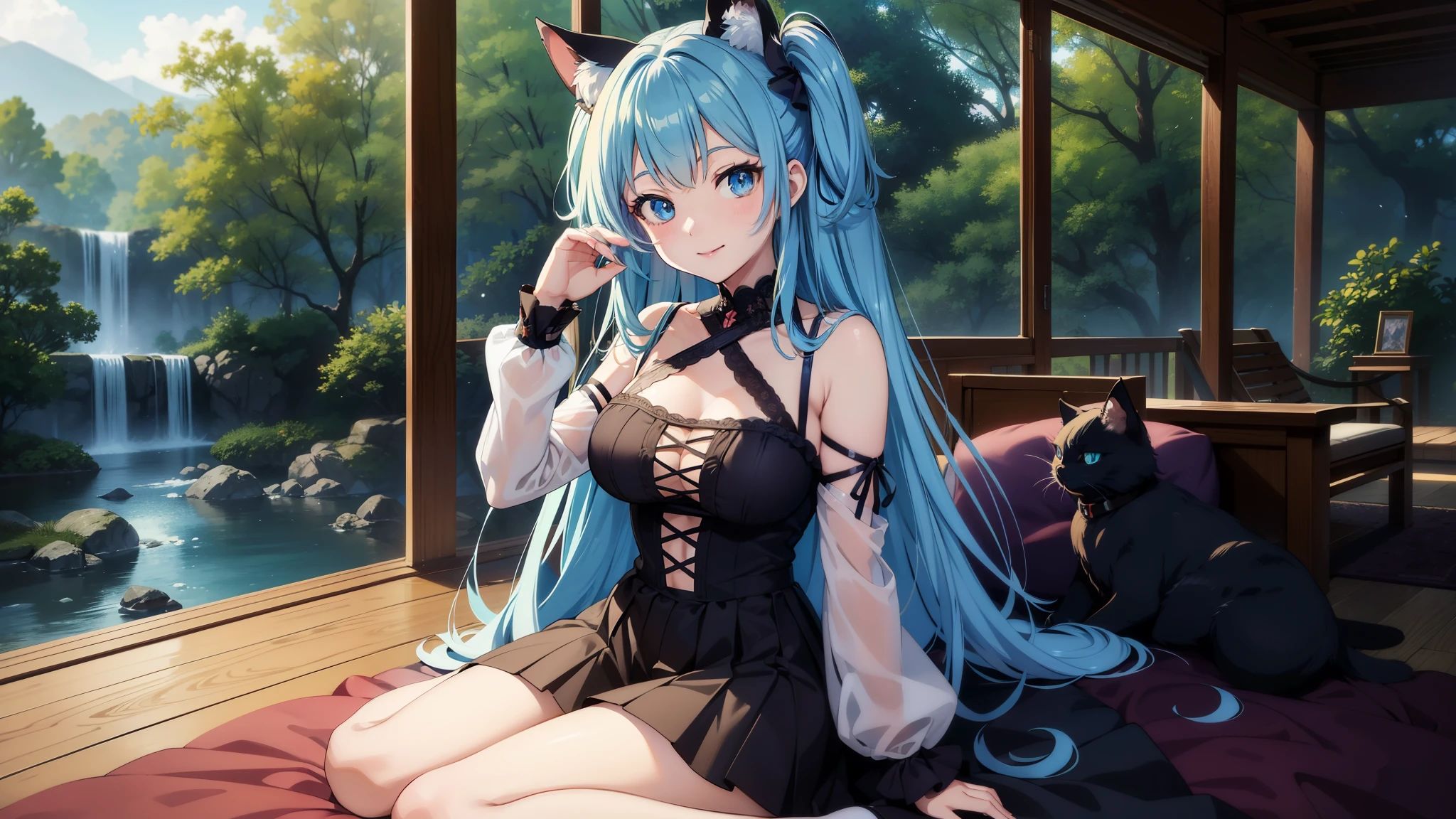 Long Hair, Twintail, Light Blue Hair, Yellow Eyes, Cat Ears, Cat Tail, Big Boobs, Wearing Hoodie, Long Stocking, Nighttime, Wearing Black Gloves, Inside a house, Stick out the tongue
