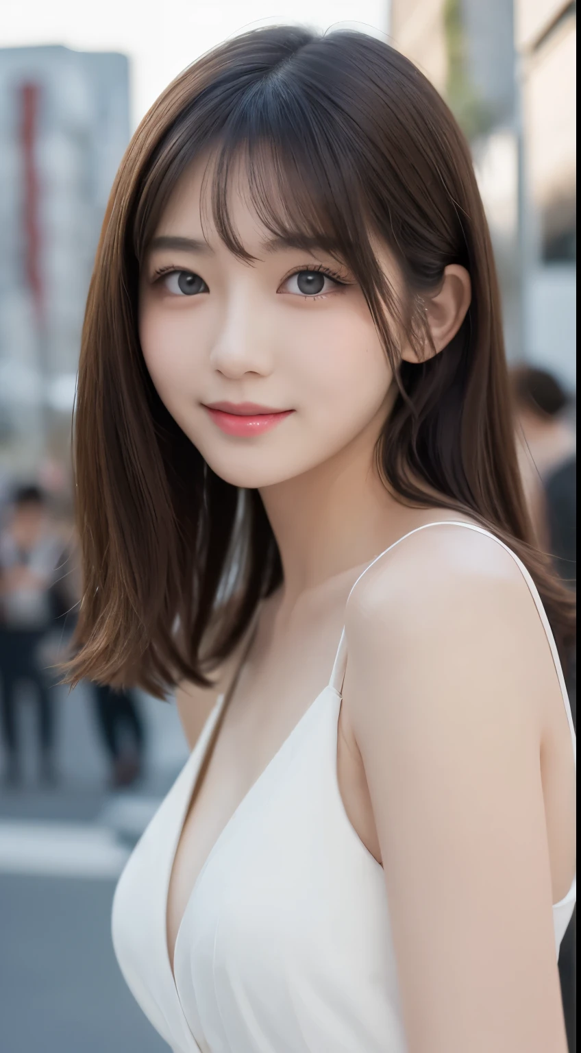 table top, highest quality, figure, super detailed, finely, High resolution, 8k wallpaper, 完璧なダイナミックな構figure, detailed and beautiful eyes, Women's Fashion Spring、medium hair,small breasts natural color lip,smile,Harajuku、20 year old girl、cute、sexy shot looking at camera,white sexy dress