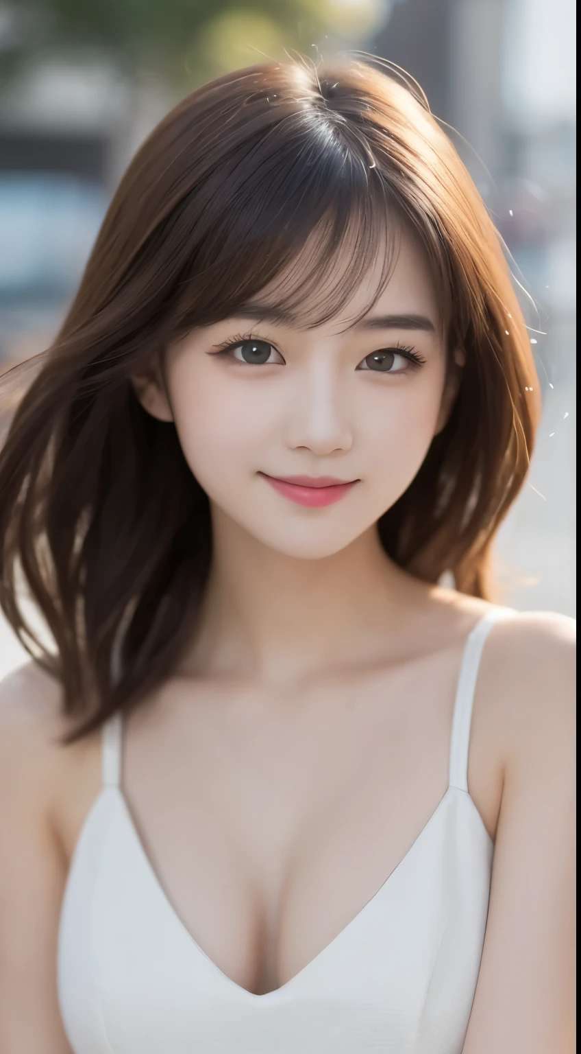 table top, highest quality, figure, super detailed, finely, High resolution, 8k wallpaper, 完璧なダイナミックな構figure, detailed and beautiful eyes, Women's Fashion Spring、medium hair,small breasts natural color lip,smile,Harajuku、20 year old girl、cute、sexy shot looking at camera,white sexy dress