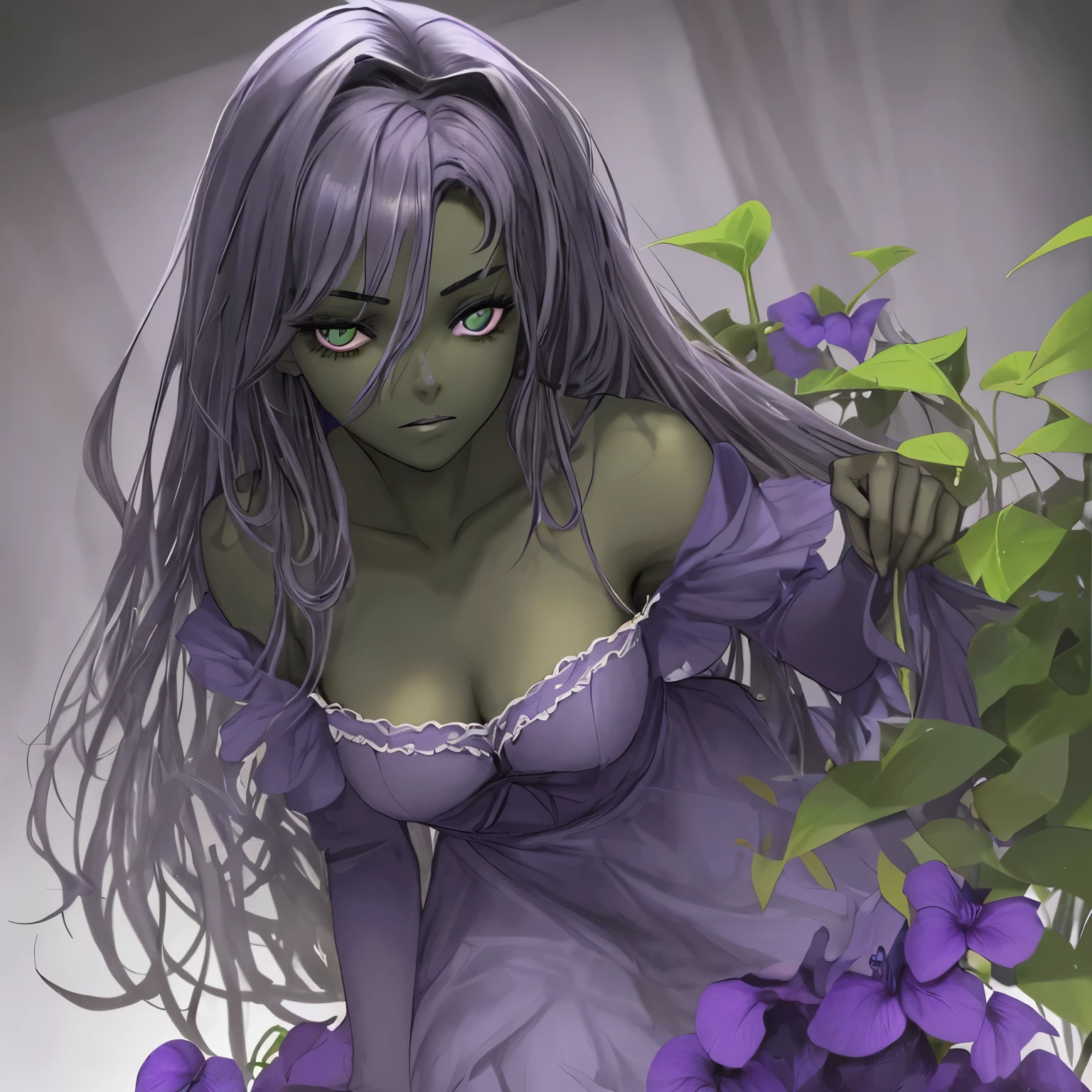 Fille de 18 ans, dark green skin, cheuveux violets, longs et lisses, de grands yeux gris et un jolie sourir.