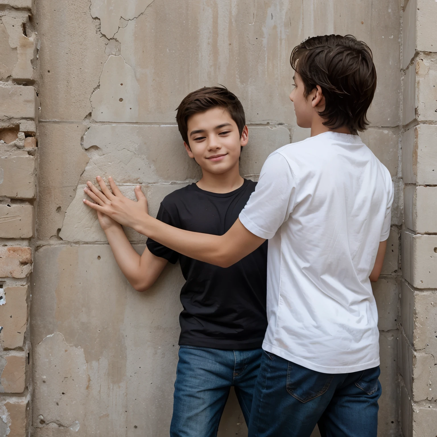 A boy pushing a girl against the wall and holding both of her hands