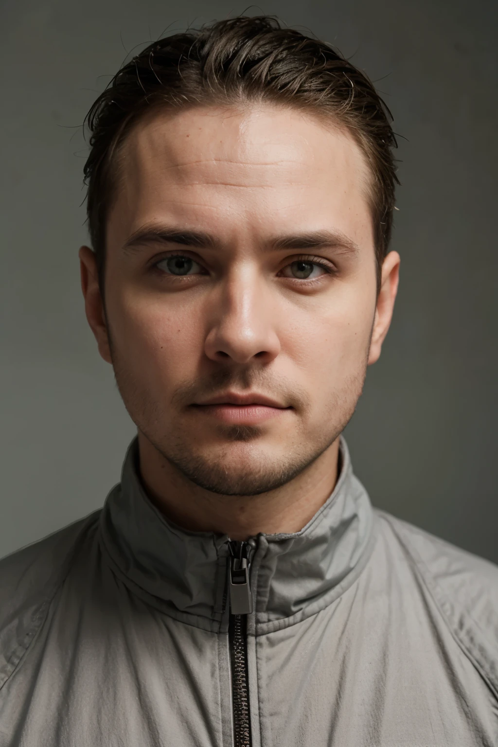 Closeup Portrait of 30 year old man in plain gray jumpsuit, short military buzz haircut and clean shave, fit, 25% Orlando Bloom, 25% Aaron Paul, 25% Mira Sorvino, 25% Ashley Judd, neutral background