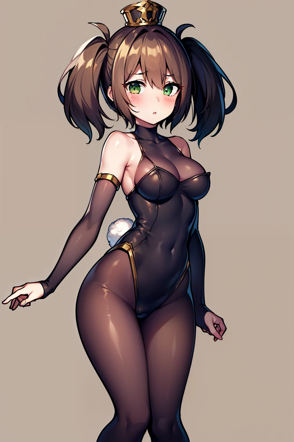 woman, medium breasts, brown hair, short twintails, green eyes, nudity, standing, blush, black bodysuit, bunny suit, bare shoulders, bare arms