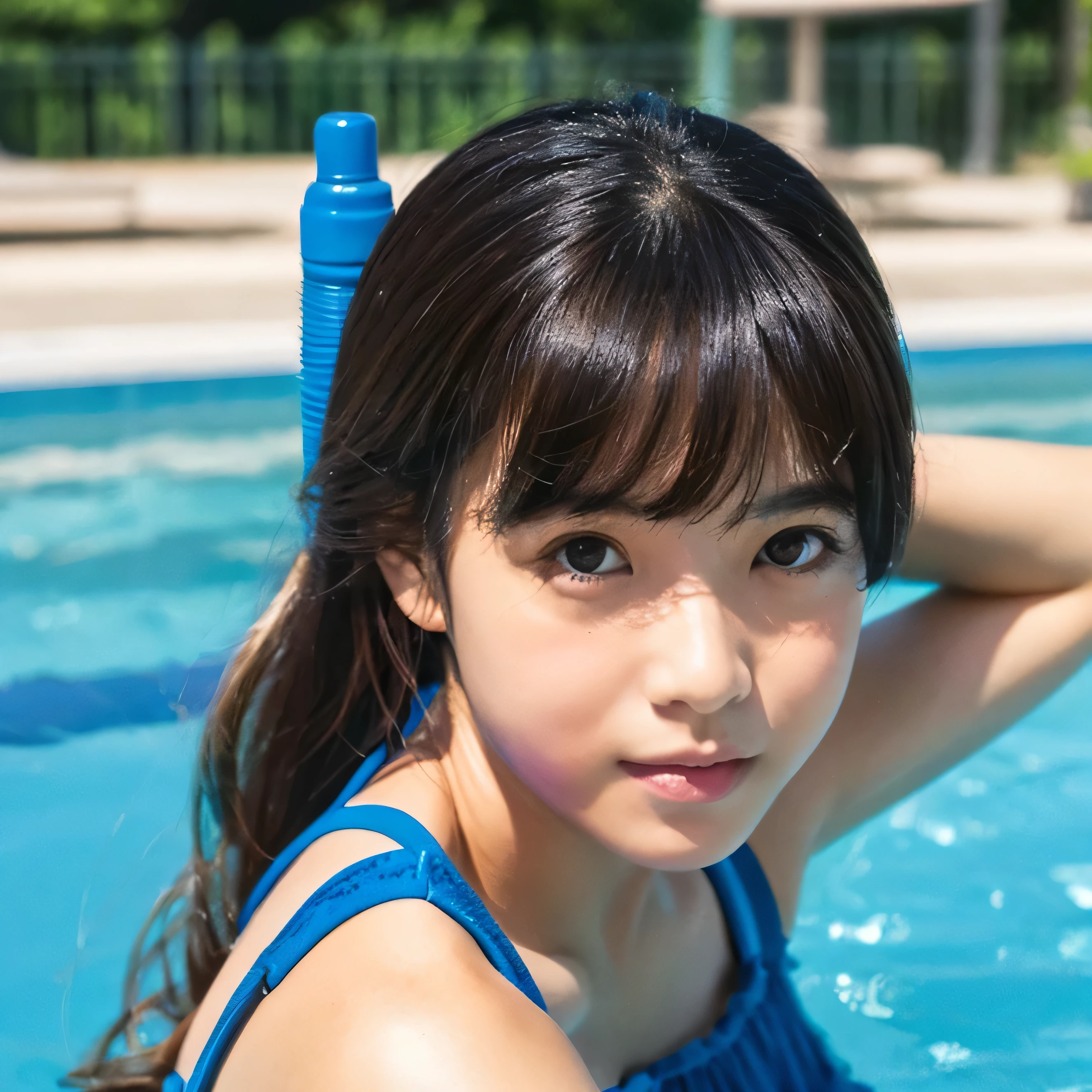 Crouching style、Emphasis on the crotch、 (((Javelin thrower Haruka Kitaguchi)13years), hair((long, Wavy, Dark silver hair、Gradient Color), Micro Swimsuit((satin, minimum area、Areola showing through、Separate type swimwear、Most of the fabric is made of string.、The area of the fabric is extremely small.)), Diamond Hair Clip, lipgloss, huge-breasted, Smiling, Open mouth, Colossal tits, Having breasts, Nipple,The outline of the areola is noticeable、 Background that she gained a lot of weight in the pool.、Wet and shiny skin、Wet hair、Erotic、sexypose、suggestive pose、Breasts whole,Areola、swimsuit spreads from side to side, reveal her nipples