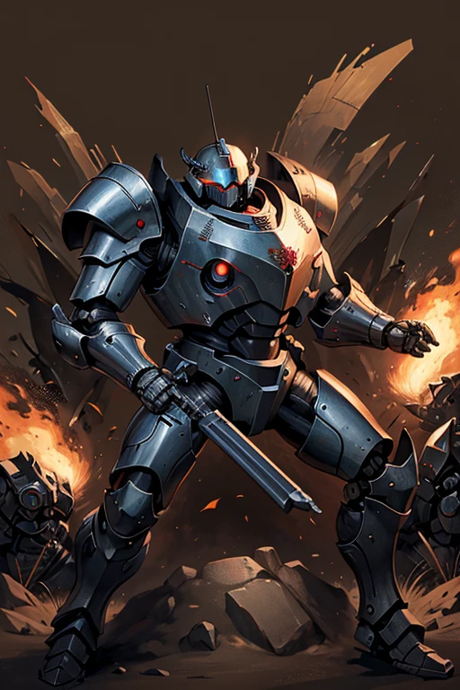machine, automaton, military, heavy armor, one eye, monocular eye, one circular eye, robot, heavily armor, helmet, soldier, communist, solo, simple background, humanoid, Russian, tank, heavy gun, soviet, robot
