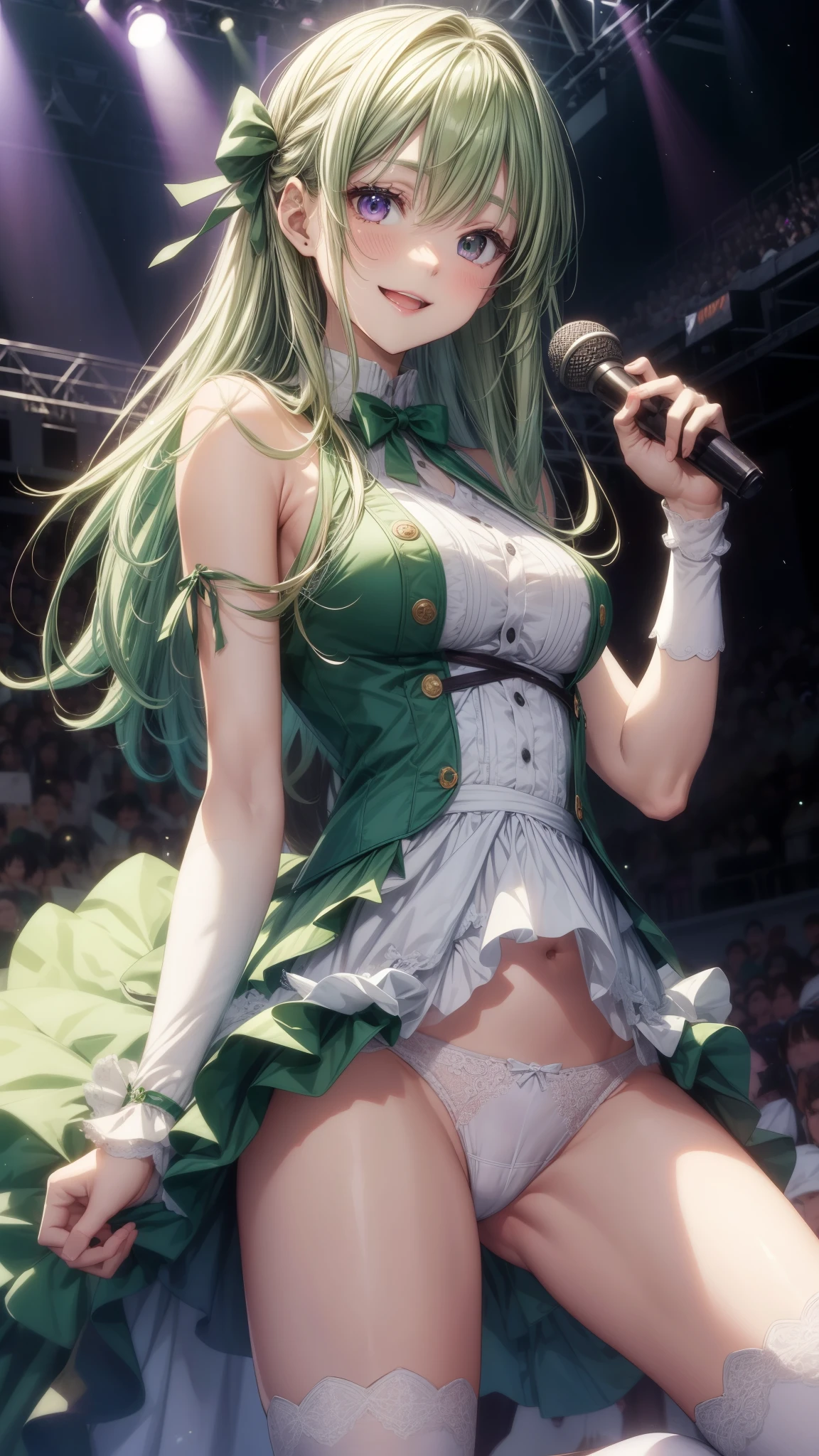 highest quality、All limbs、full finger、Slender beauty、straight hair、brown hair、Dereste、green, white and purple idol costume、white panties、high socks、beautiful big breasts、live stage、sing、dancing、big smile、I'm seducing you