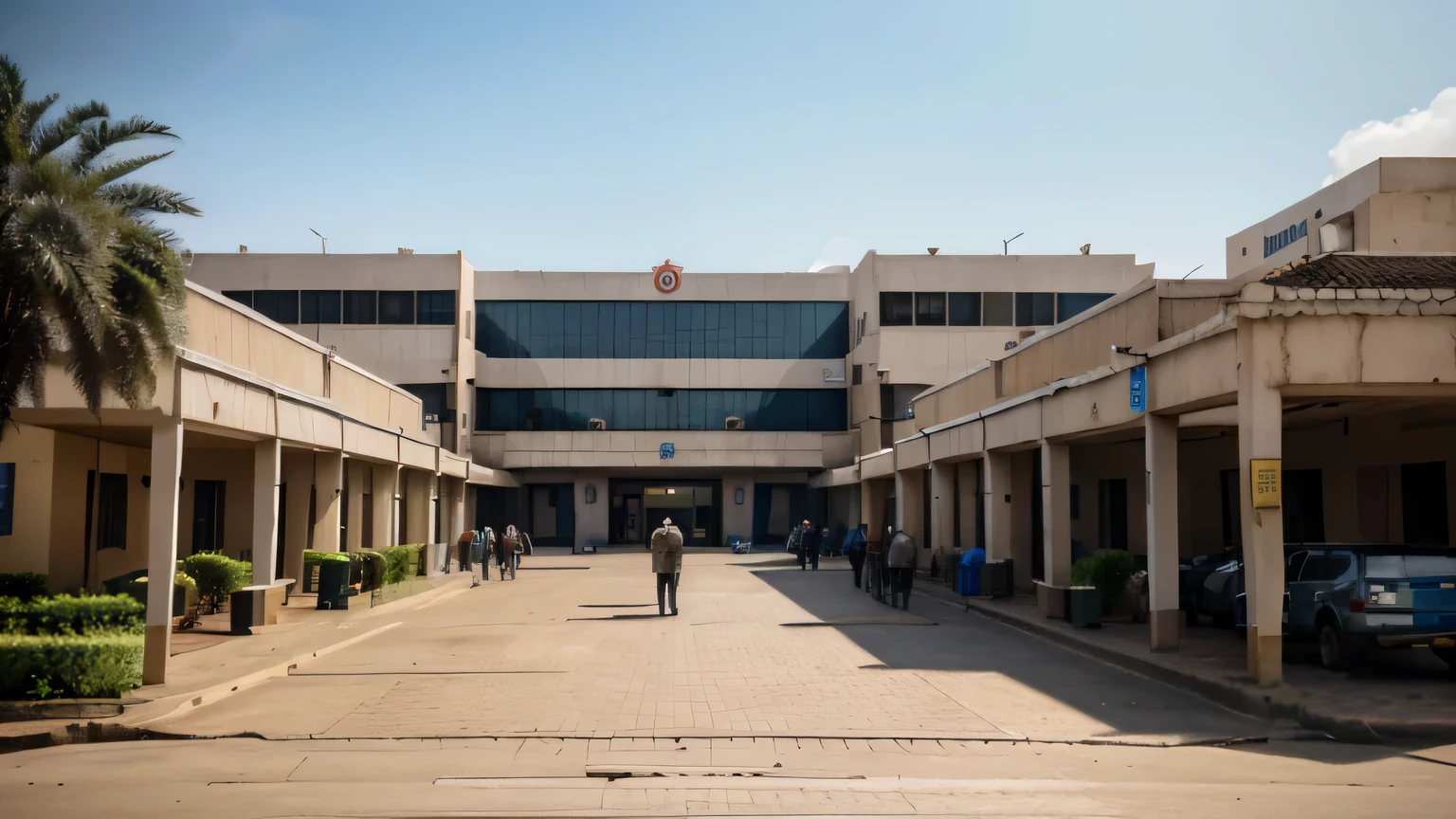 Imagine a hyper-realistic 8K image of the outside of a hospital in an african city. All are africans.
