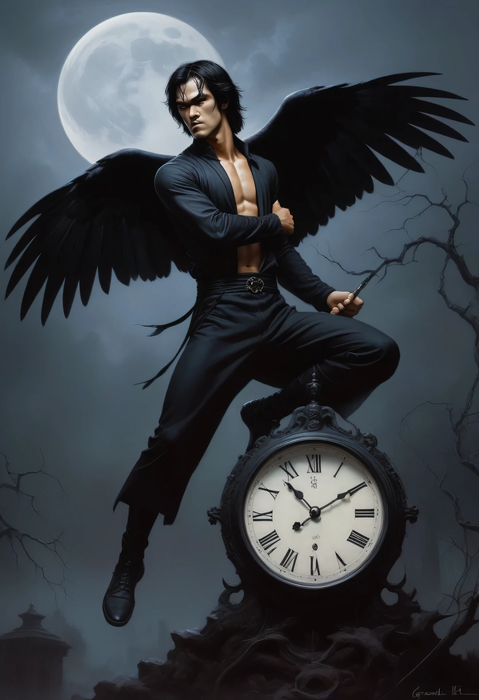 Bruce Lee as the crow. It's the year 1995, It's a dark, foggy night, the bright moon breaks through the fog and shines down on the dark figure of a man. His name is Eric Draven and he's the lead guitarist for a gothic heavy metal band called DEATH'S DOOR, dark, sinister, gothic, horror, fantasy - Hickory Dickory Dock, would you look at that lovely old clock - oil painting by Gerald Brom