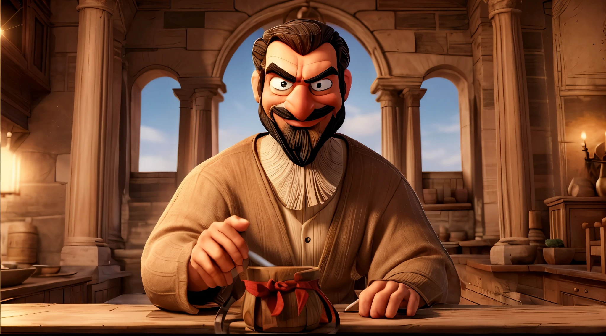 An animated character with a beard and a mustache sits at a table with a cup in front of him. He has a look of anger on his face.