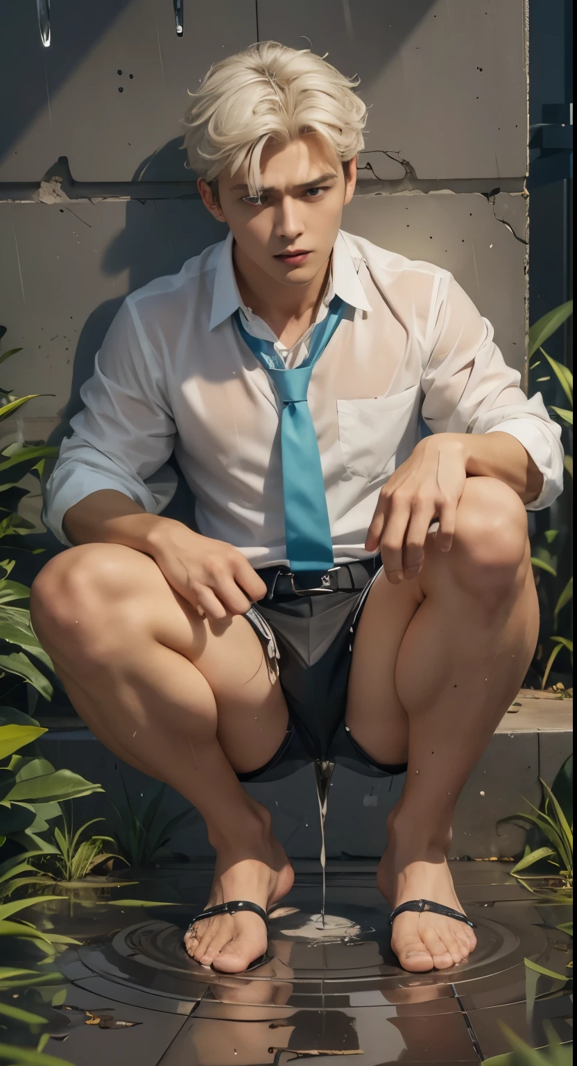 Transparent see through shirt,（1 Adult male），A high resolution， Sharp focus， Pixiv masterpiece， （（Complicated details））， highly  detailed， natsuki_subaru，Multi-view upper body，Suit pants view， 1 man，is shy，Pee on the legs，pissing，Urine runs down the thighs，embarressed，exhilarated，is shocked，panicking，worry，A small puddle of their own urine forms around the feet，full bodyesbian，kneels on the ground，Very eager to pee，It's uncomfortable，Wet yourself，Urine discharge， Sweaty crotch，Drenched，rain，The shirt is soaked，（A gesture of pleading），blue color eyes（eyes glowing）， Short gray hair，white  shirt，Wear a tie，Wear a belt，Black suit trousers，perspire，look from down