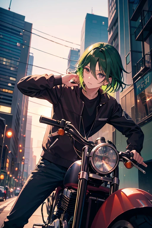ilustracion anime de hombre de piel clara,ojos verdes , cabello morado, usando un atuendo rockero de colores negros y morados, conduciendo una motocicleta de noche por la ciudad
