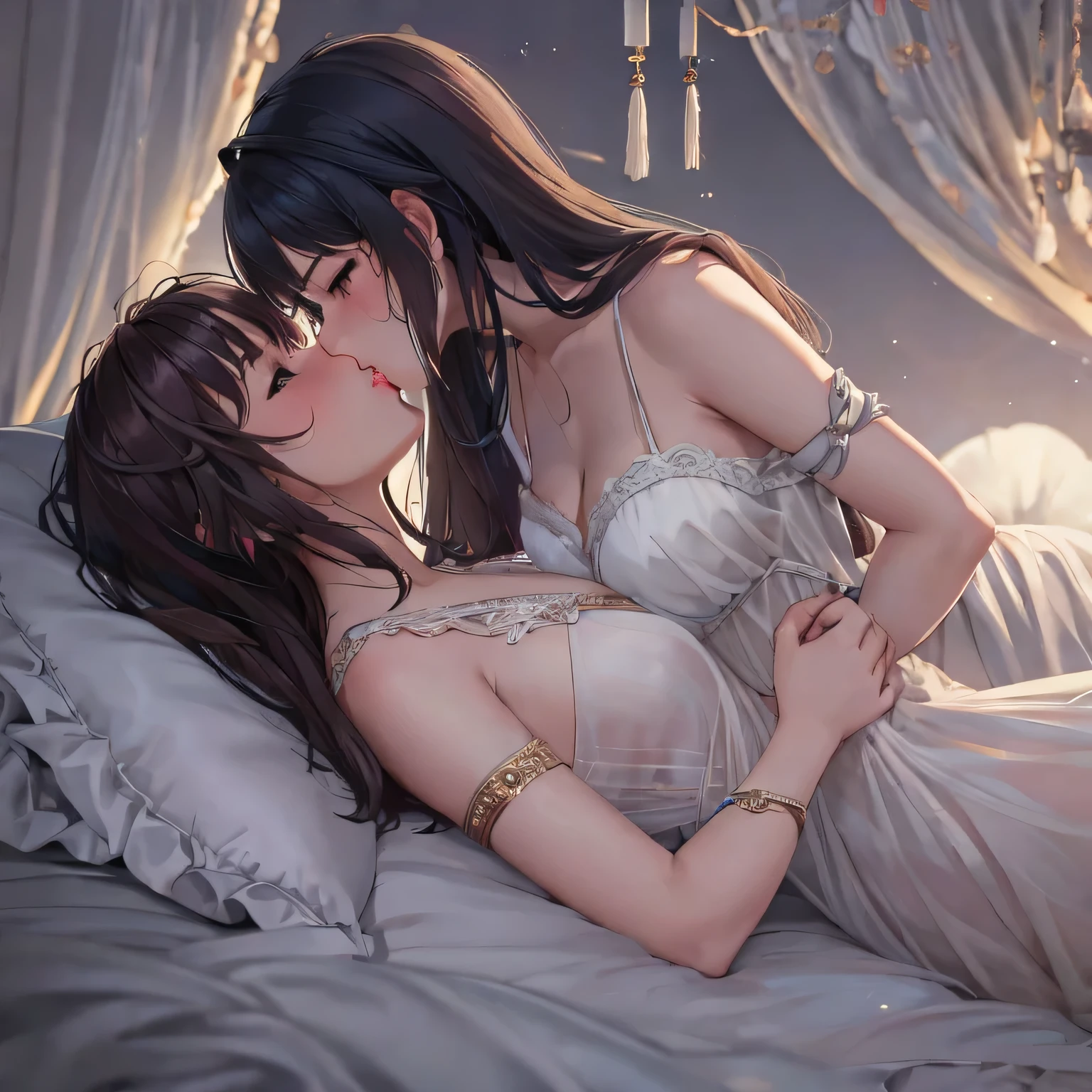 two girl kissing, see her ass,(bright lighting,romantic setting),dreamy background,bondage,dark hair, mesmerizing gaze, , soft skin, alluring beauty, artistic portrait, high-quality image, vibrant colors,translucent long silk gown, mosquito net,