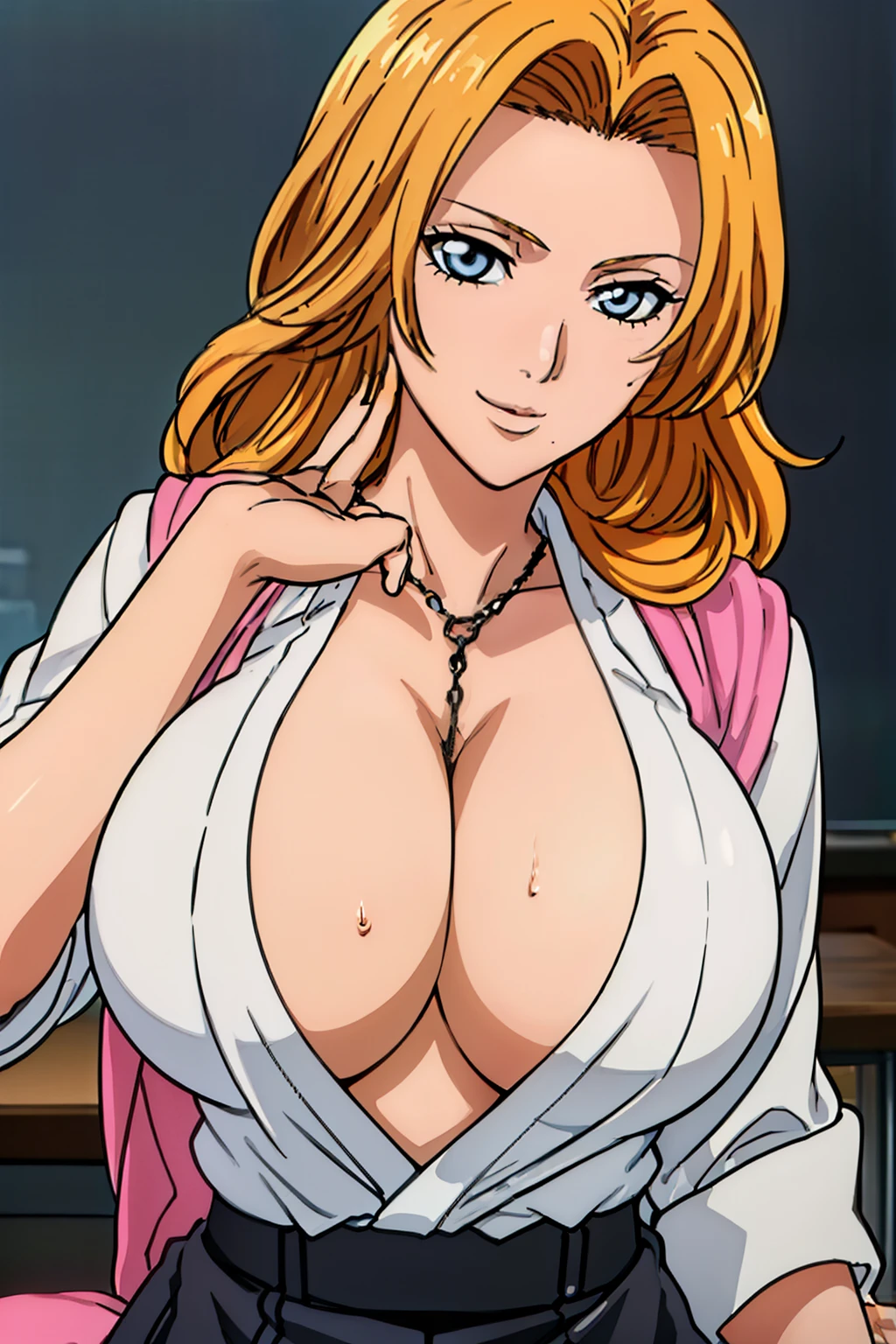 sitting on chair, open her legs, very tempting pose, (white office shirt), (black short skirt), classroom background, rangiku matsumoto, oda non style, anime cels style, smiling, long hair, blonde hair, blue eyes, best quality, high resolution, (cowboy shot, 1 girl, 30yo,Young female,Beautiful Finger,Beautiful long legs,Beautiful body, Beautiful Nose,Beautiful character design, perfect eyes, perfect face,expressive eyes, perfect balance, looking at viewer, official art,extremely detailed CG unity 8k wallpaper, perfect lighting,Colorful, Bright_Front_face_Lighting,White skin, (masterpiece:1.0),(best_quality:1.0), ultra high res,4K,ultra-detailed, photography, 8K, HDR, highres, absurdres:1.2, Kodak portra 400, film grain, blurry background, bokeh:1.2, lens flare, (vibrant_color:1.2),professional photograph, (Beautiful,huge_Breasts:1.4), (beautiful_face:1.5),(narrow_waist)