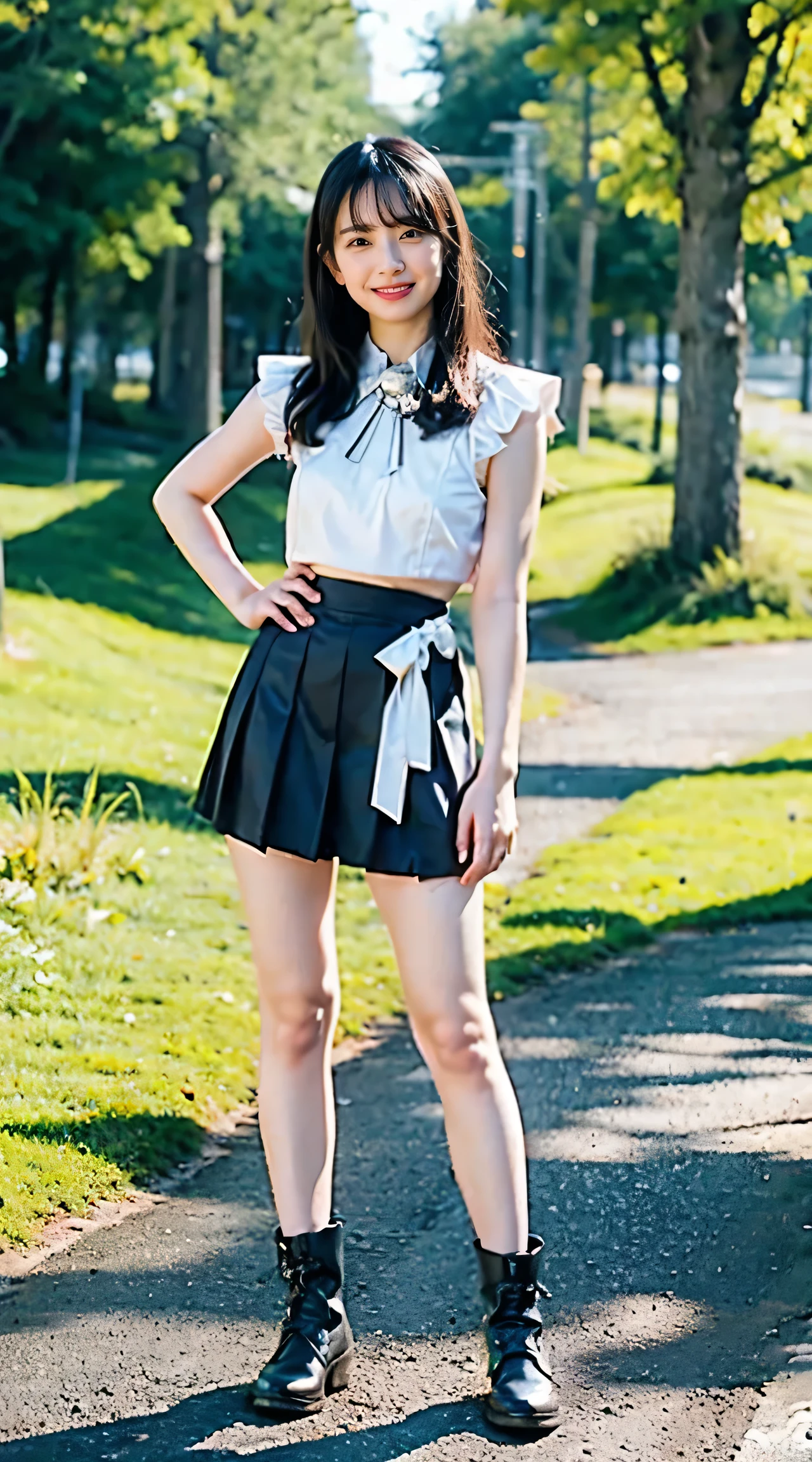 (8K、Raw photo、highest quality、masterpiece:1.2)、(realistic、Photoreal)、1 girl、((check skirt、anime cosplay、Blue Magical Girl、See-through、rippled and mysterious、I can see your feet、boots、big breasts、Seen from the front、stand with legs apart、in the forest、))、lots of eyelashes、Glitter on your eyelids、skeletally correct、sweaty body、Beautifully aligned fingertips、smile、standing with hands on hips、above the sky