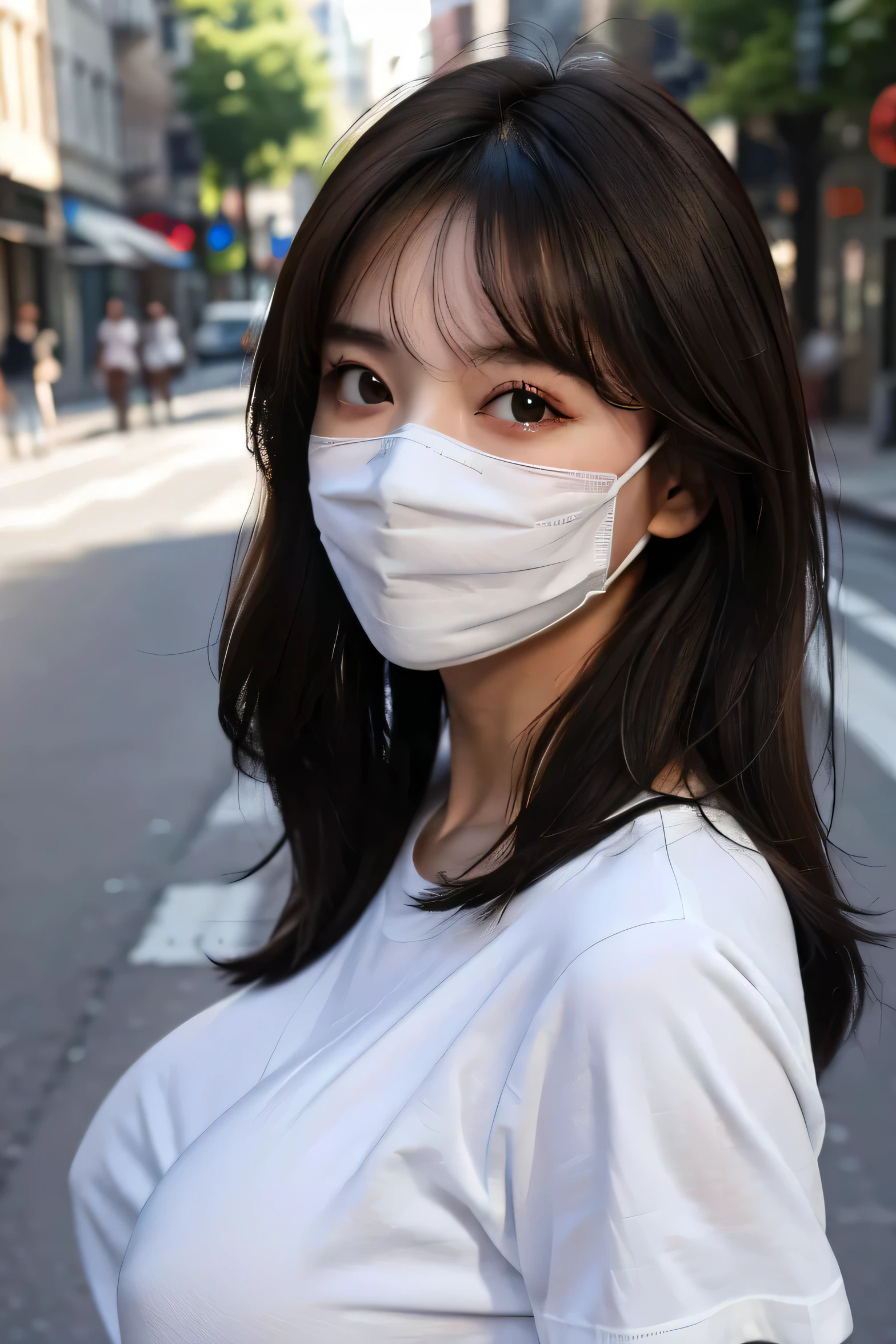 highest quality、8K、masterpiece：1.3))、sharp focus：1.2、beautiful woman with perfect style：1.4、Please wear a white mask((dark brown hair、huge tit：1.2))、(white t-shirt:1.1)、street:1.2、Highly detailed face and skin texture、detailed eye、double eyelid