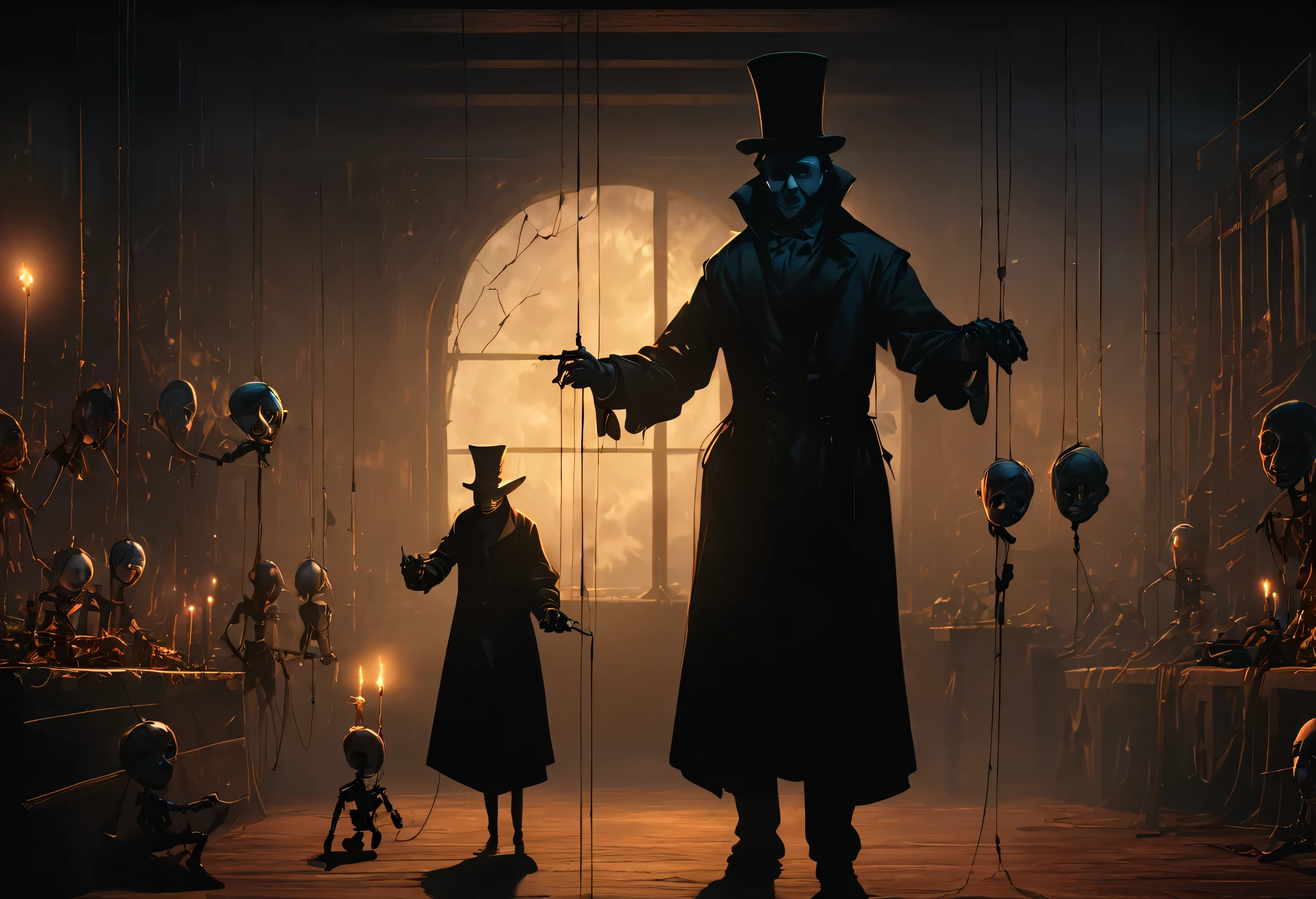 (16k masterpiece, best quality, anime illustration:1.2), marionettist, standing, dark, misty, candlelit workshop, controlling marionette on string, wearing a long overcoat, top hat, white face, gaunt appearance, cadaverous, moonlight streams, huge window, backlighting, illuminating, volumetric lighting, absurdres, ((junji ito style)),