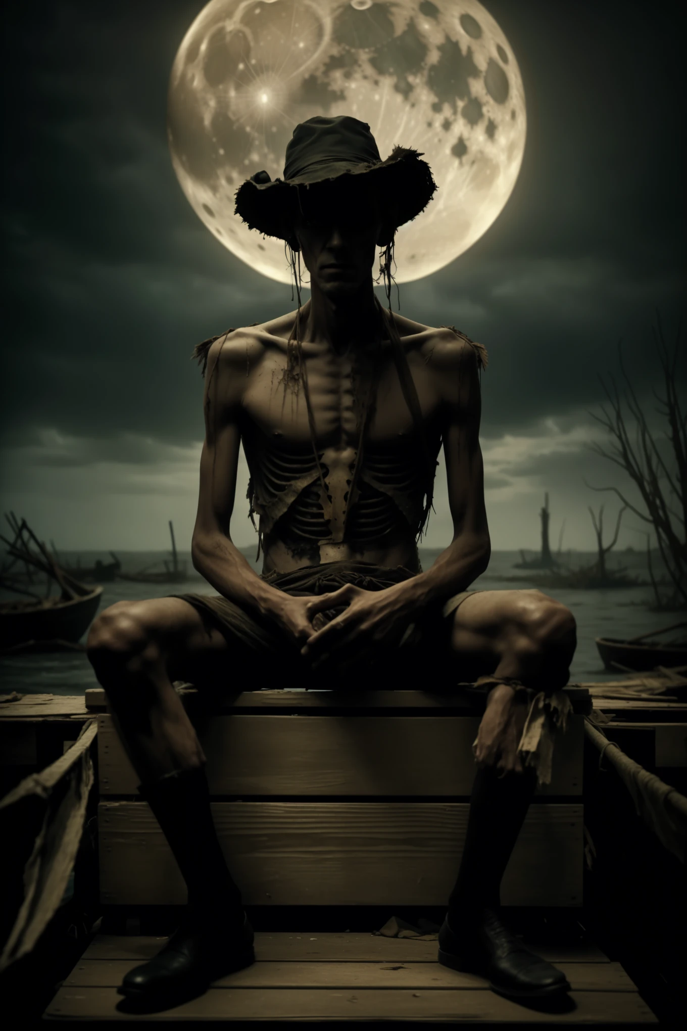 A captivating, eerie cinematic poster in a grimdark art style, featuring a massive, thin skeletal man, missing his left eye, seated on a weathered, decaying box on an old, broken-down dock. The man plays a banjo, meticulously crafted from old driftwood that is slowly disintegrating, its strings creaking ominously with each pluck. The man's tattered clothes hang off his gaunt frame, and his torn straw hat adds to the desolate atmosphere. His skin, darker than the surrounding moonlit atmosphere, appears to be crumbling away, giving the impression of something long dead yet still alive. The dense swamp and wildlife in