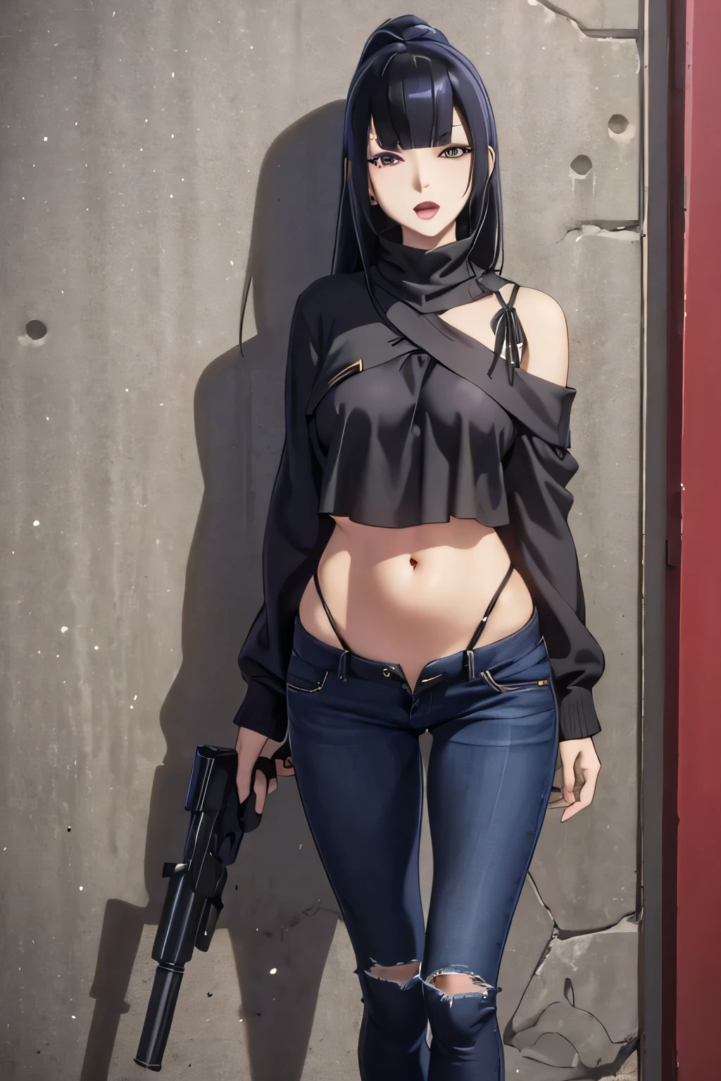 1 girl, Naboral Gamma,black hair, long hair, masterpiece,high quality,4k, bare shoulder,belly,crop top,outdoor,cleavage,jeans,casual
dress,street,road,smile, open mouth, (nsfw) not safe for work, holding a gun,handgun, evil expression,
exposed belly, exposed navel, exposed midriff, exposed lower belly, crop top overhang, underboob,
unbuttoned jeans , low rise black jeans, Low rise jeans, Low rise jeans with open fly, navel piercing