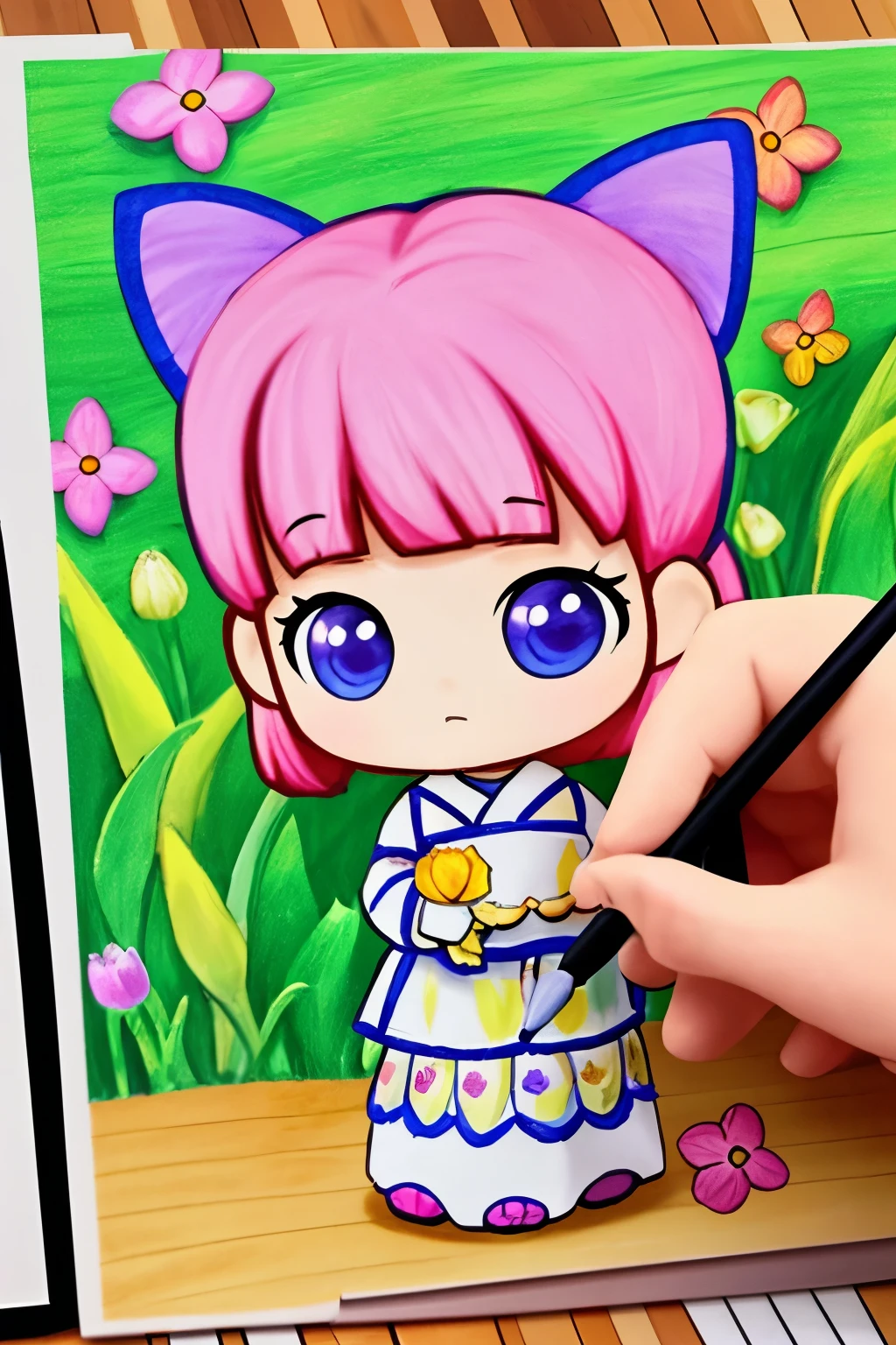 The following scenes will be expressed using chibi girl dolls.(Photoreal、A girl is drawing pictures of tulip flowers and butterflies on the wall with crayons.、The picture is a child's doodle, but it's very colorful.)