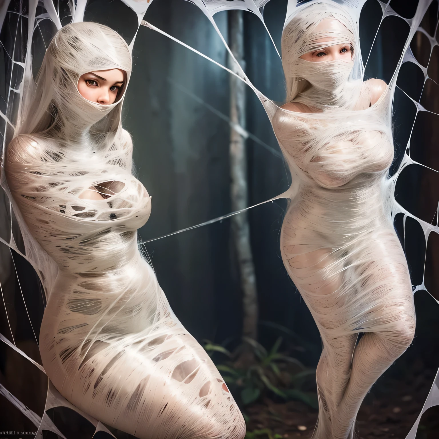 a girl entangled in the spider web, struggle, detailed classroom, (cocoon:1.3), spider web, hanging, spider in the web, spider