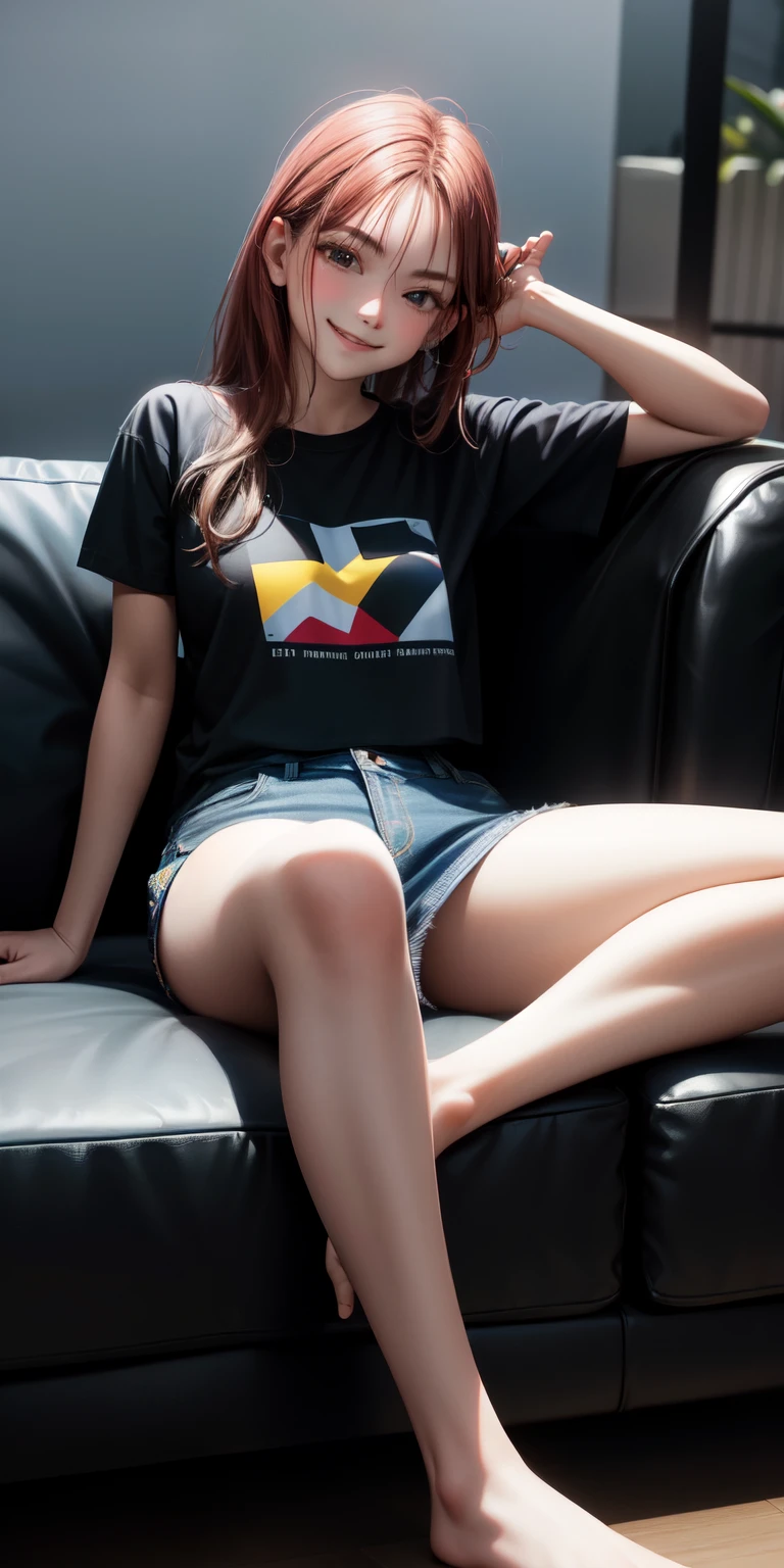 realista, 1 , sitting not sofa, pernas cruzadas, mini-saia, sensual, Sorriso, zoom na parte inferior do corpo, camiseta, levemente seios, pernas abertas calcinha larga brancas