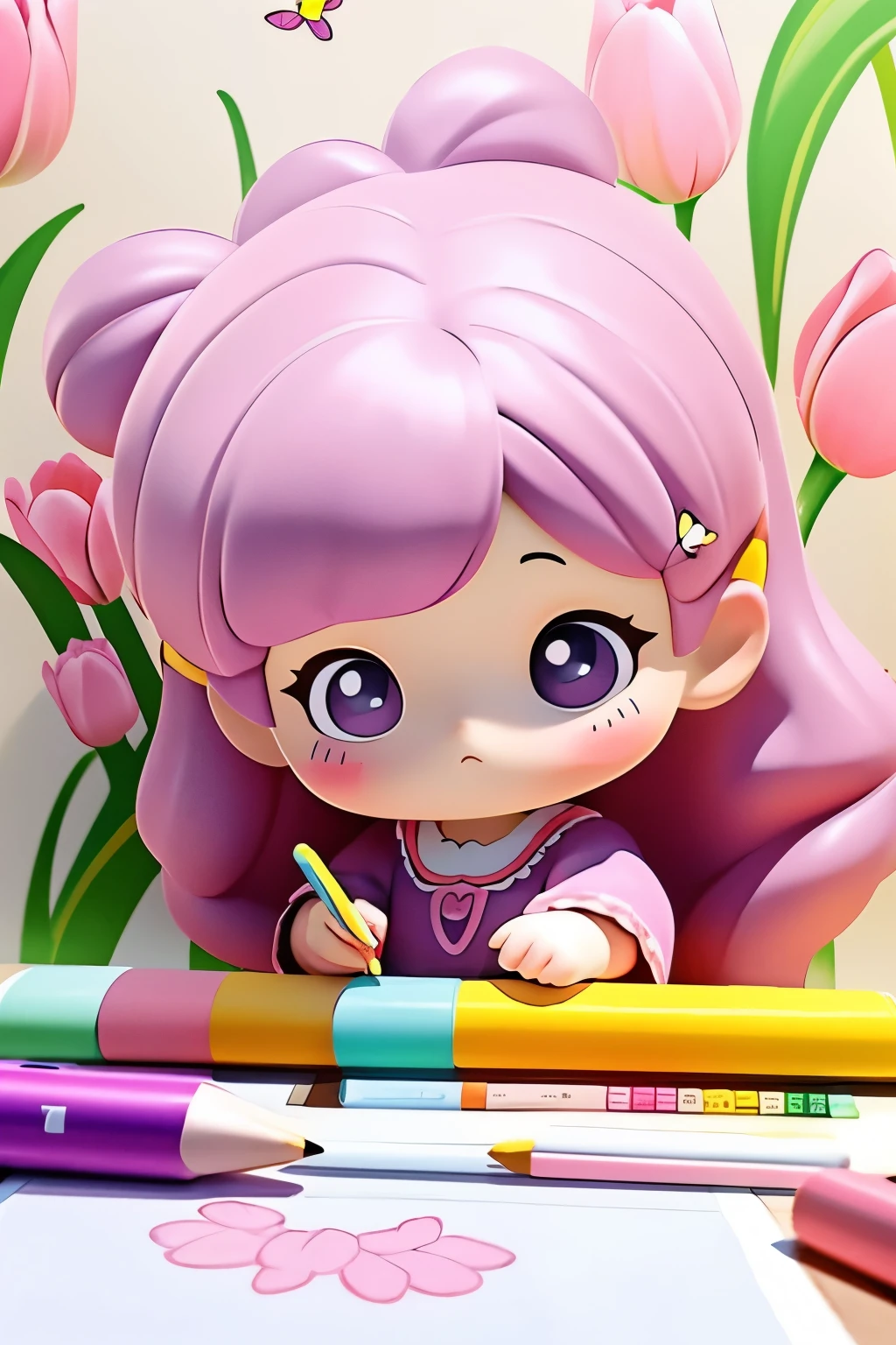 The following scenes will be expressed using chibi girl dolls.（Photoreal、A girl is drawing pictures of tulip flowers and butterflies on the wall with crayons.、The picture is a child&#39;s doodle, but it&#39;s very colorful.）